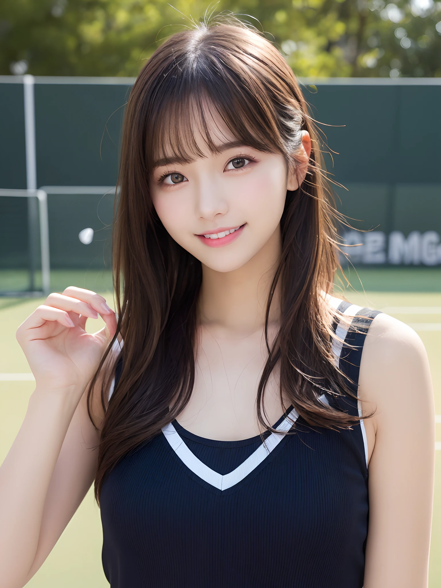 masutepiece、Best Quality、Illustration、 ultra-detailliert、hight resolution、8K Wallpapers、Beautiful detailed eyes、Medium Hair、Natural Color Lip、Smile、Harajuku、20 years girl、Cute、Sexy shot looking at camera、tennis、swim wears