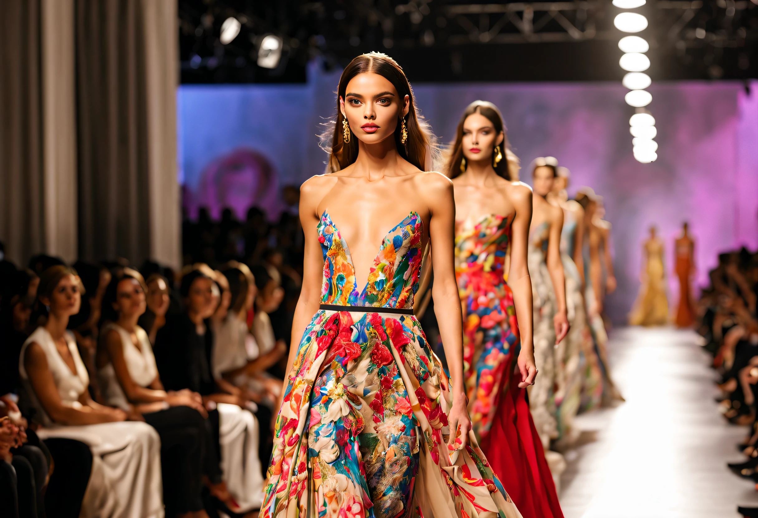 A glamorous fashion show, with a runway stretching as far as the eye can see, (best quality, 4k, highres, masterpiece:1.2) showcasing an array of stunning outfits. The models are walking confidently, flaunting their meticulously designed clothing, each with unique embellishments and intricate details. The clothes shine brilliantly under the (studio lighting:1.1), highlighting every contour and texture.
The atmosphere is vibrant, with a (colorful, vivid, lively) color palette accentuating the garments. The stage is adorned with elegant decorations, adding a touch of sophistication to the event. (HDR:1.1) technology is used to enhance the image quality, bringing out the true beauty of the scene.
The models have exquisitely styled hair and wear fashionable makeup that accentuates their features, adding to their overall allure. They have (poise and grace:1.1) as they glide down the runway, showcasing their (beautiful detailed eyes:1.1) and (beautiful detailed lips:1.1), perfectly capturing the attention of the audience. The theme of the fashion show reflects the latest trends, blending contemporary and classic elements seamlessly.
The audience is captivated by the stunning designs, their eyes fixed on the models as they strut confidently. The energy in the room is palpable, a sense of anticipation filling the air. People are applauding and gasping in awe at the extraordinary garments on display.
The lighting is carefully crafted, casting a (soft, glamorous) glow on the runway, accentuating the models' movements. The (bokeh:1.1) effect adds a dreamlike quality, creating a magical atmosphere. The whole scene is (ultra-detailed) with sharp focus on every garment, capturing every intricate design element. The result is a (realistic, photorealistic:1.37) representation of an awe-inspiring fashion show.
Overall, this prompt captures the essence of a high-end fashion show, with its attention to detail, vibrant colors, and impeccable style. With this prompt, Stable Diffus
