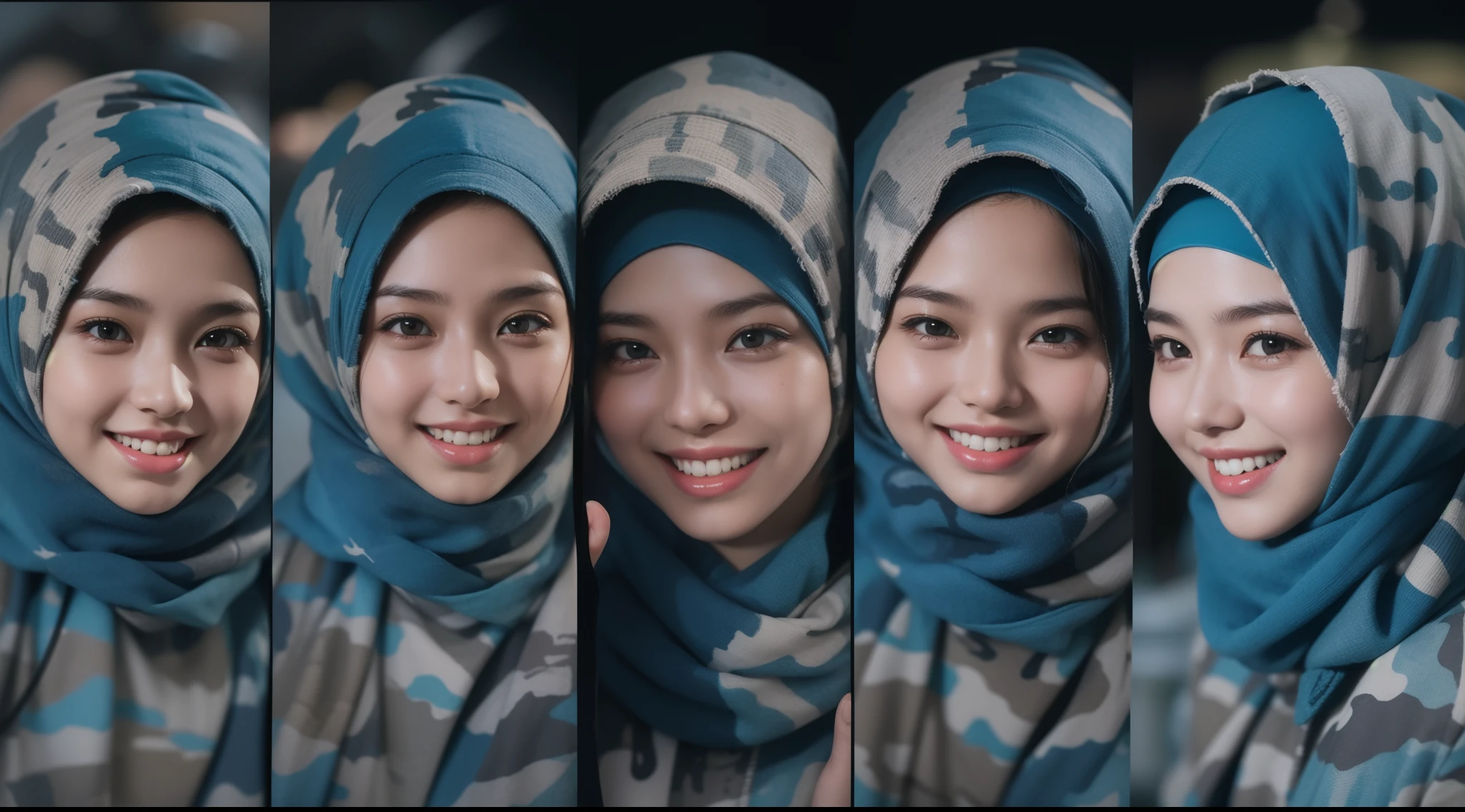 4 beautiful matured 40 years old malay girl in hijab taking picture in a dark jungle, wear bright blue digital camouflage military uniform, bright blue military uniform, army cadet, blue digital camouflage, friendly and laughing situation, laughing, happy, detailed skin texture, soft lighting, high quality, movie shot framing, ultra detail, 8k, style raw, cool color grading, Super 8mm lense, Establishing shot, Deep Focus cinematography effect,