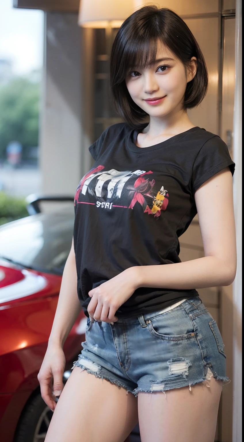 85
(a 20 yo woman,is standing), (A hyper-realistic), (masutepiece), ((short-hair:1.46)), (Smooth black hair), (Breast:1.0), (kindly smile), Wearing shorts, (Wear a T-shirt with a character design print), (Beautiful skin:1.5)