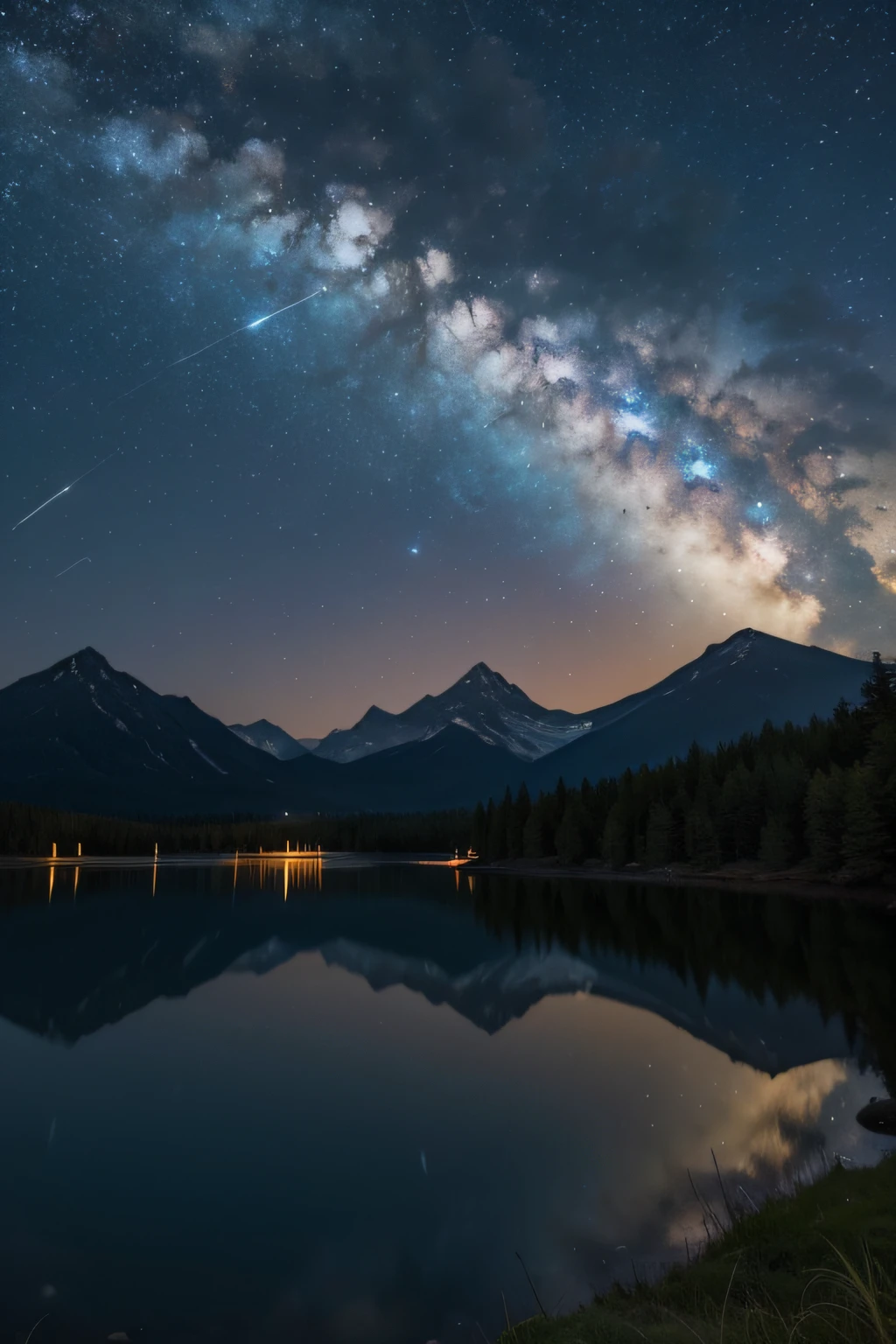 Wide sky: Show off the vast night sky, Allow stars and meteors to occupy a large part of the composition., Dynamic meteors: Capture the movement and energy of meteors as they streak across the sky, Create a sense of movement and wonder., peaceful scenery: Consider adding tranquil landscaping, Such as distant mountains or calm bodies of water, Enhances a sense of peace and quiet.