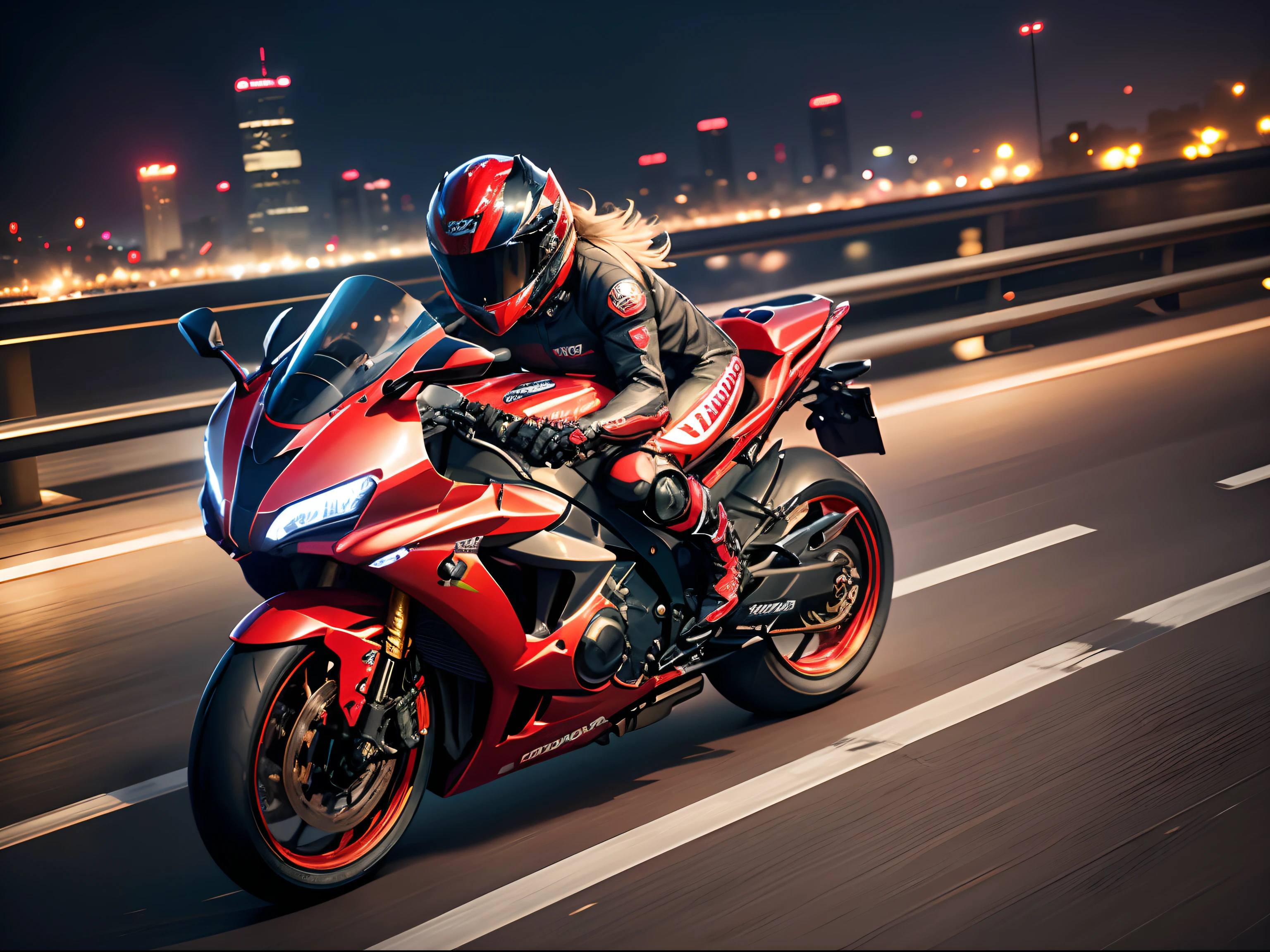 超A high resolution、An ultra-high picture quality、8K、Detailed details、marvelous expression、Big city at night、Honda CBR1000RR Fireblade(Shine Red)Ride on the highway、It is ridden by a rider wearing a white helmet and a red leather suit、Ride beautifully through the big city at night、