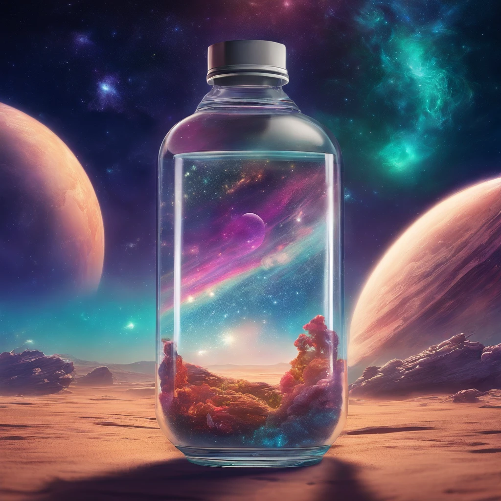 In a glass bottle, floating in the universe, there is a cosmic starry sky. (best quality, highres, masterpiece:1.2), ultra-detailed, (realistic:1.37), portraits, landscape, concept artists, surreal detail, vibrant colors, bokeh, mystic lighting