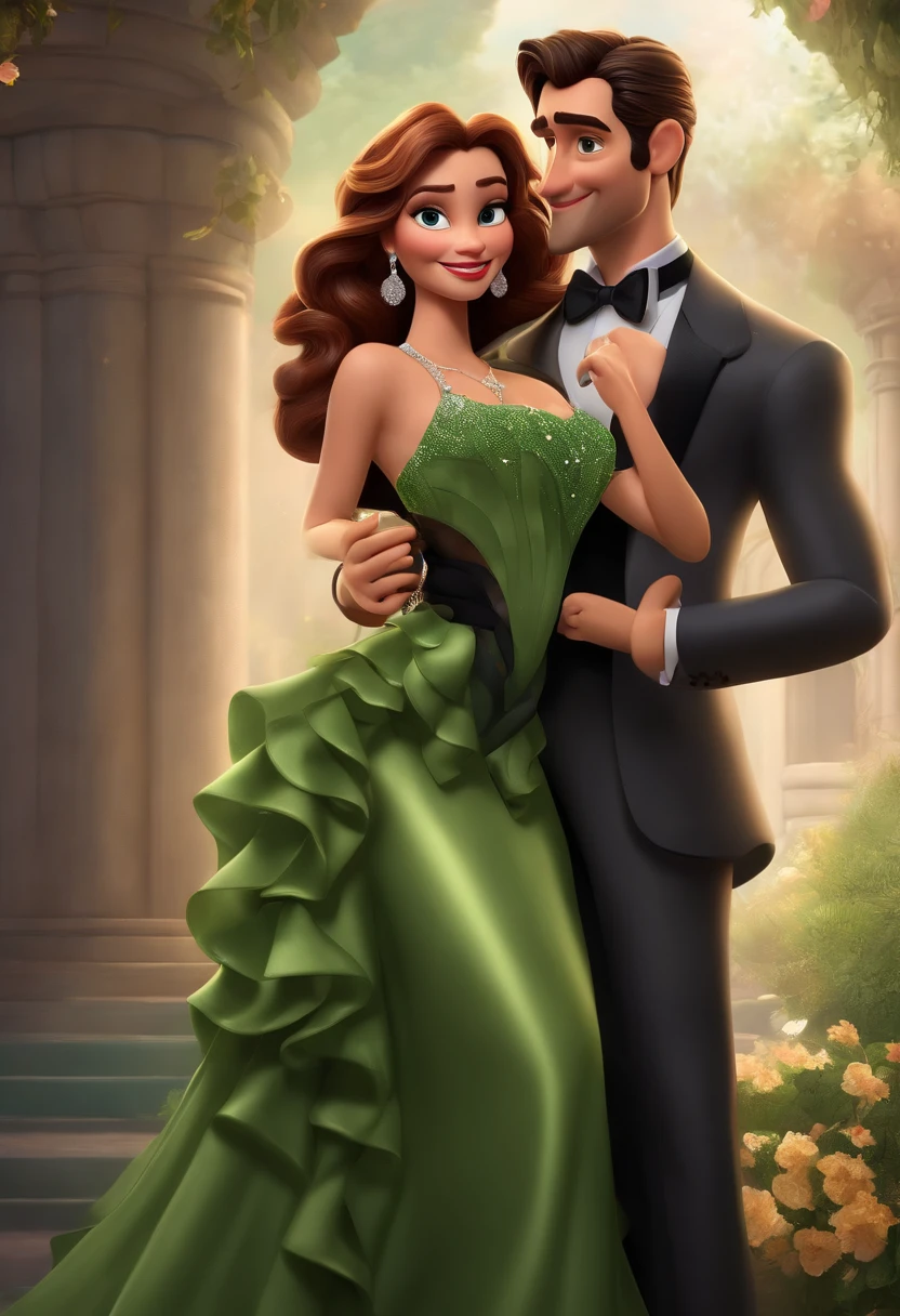 personagem de desenho animado, um homem branco de terno preto e camisa social preto, cabelo castanho claro curto com entradas, Uma mulher branca fina em um longo, Sheer green ruffle dress with diamond beads forming the strap of the dress , brinco em formato de flor em prata, Long hair parted in half and wet the waltz-dancing couple looking at each other with passionate looks (..3d) ( Pixar Disney) (Characteristics)