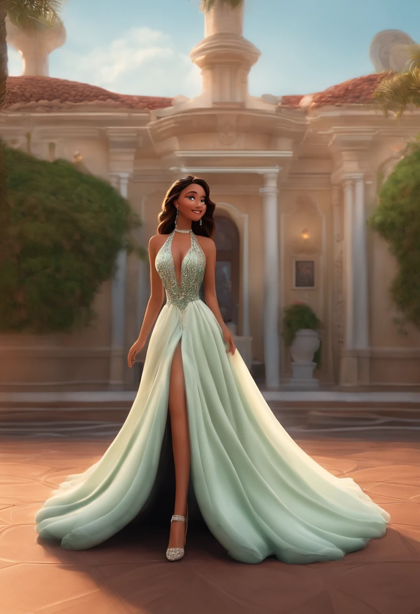 personagem de desenho animado, um homem branco de terno preto e camisa social preto, cabelo castanho claro curto com entradas, Uma mulher branca fina em um longo, Sheer green ruffle dress with diamond beads forming the strap of the dress , brinco em formato de flor em prata, Long hair parted in half and wet the waltz-dancing couple looking at each other with passionate looks (..3d) ( Pixar Disney) (Characteristics)