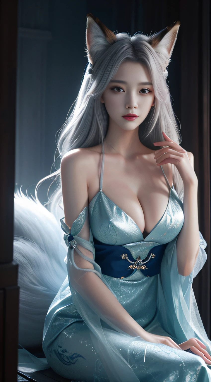 1girll，独奏，（tmasterpiece：1.2），beautifuldetails，highly colorful，exquisitedetails，The delicate face of，eyes with brightness，The details are complex，Realiy，Ultra photo realsisim，A very beautiful girl and a gray-haired fox sat on a branch：1.1，Large breasts，Raised sexy，seductiv，Ethereal fox，Nine-tailed fox，Fox three-tailed fox，onmyoji detailed art，Nine Tails，a beautiful artwork illustration，a mythical creature，Red fox，beautiful digital works of art，Exquisite digital illustration，Mizutsune , Inspired by the mythical creature Wild Net，digital art on pixiv，strong lights，highly contrast，Horror movie themes，Dark atmosphere，The art of fine arts，Perfect visual composition。