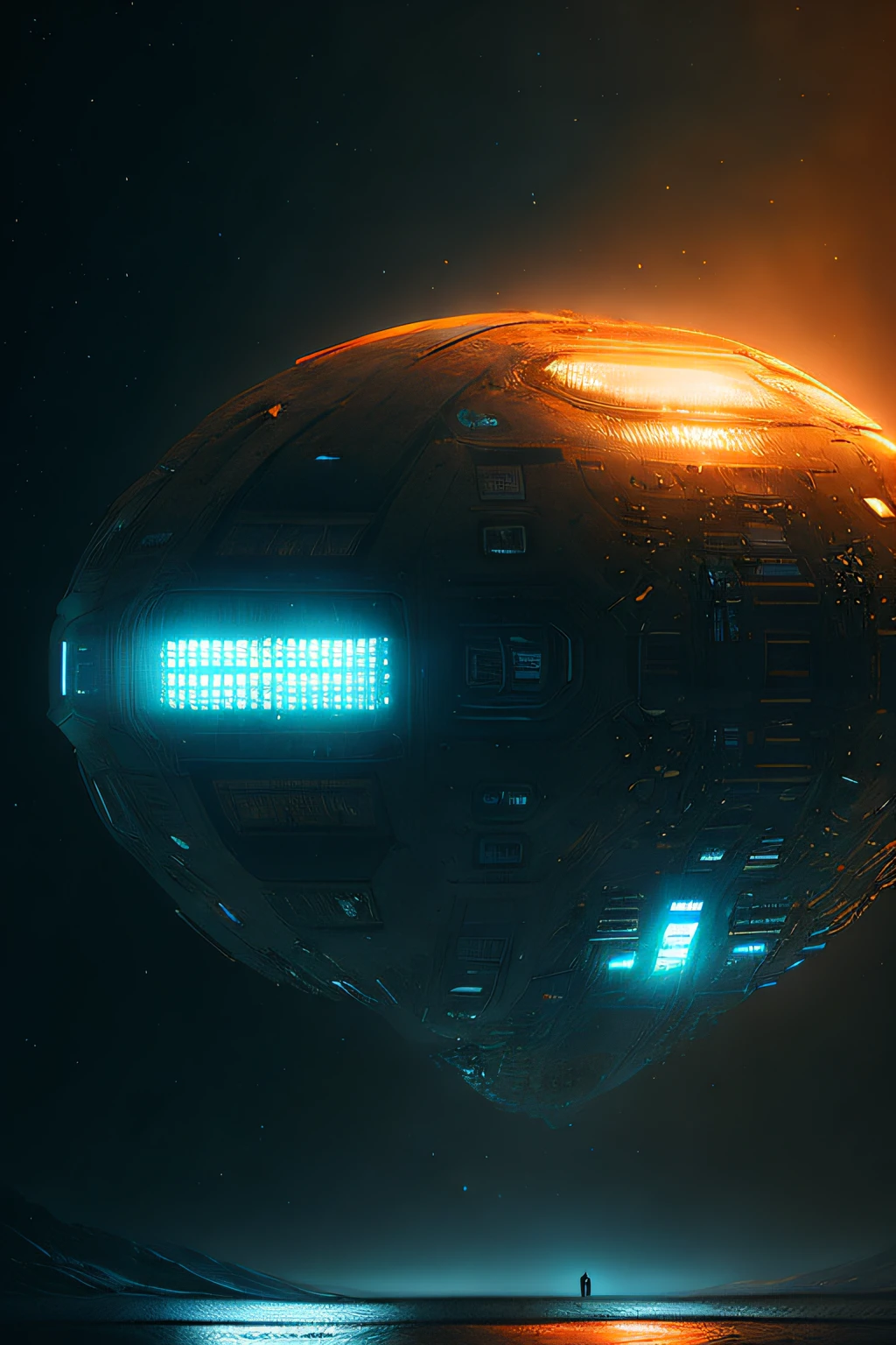 The space ship, dark horror futurism, cinematic, fine details, 8k, (dark shot:0.7), Subsurface scattering, (ambient lighting:1.3), (ArtStation:1.3)