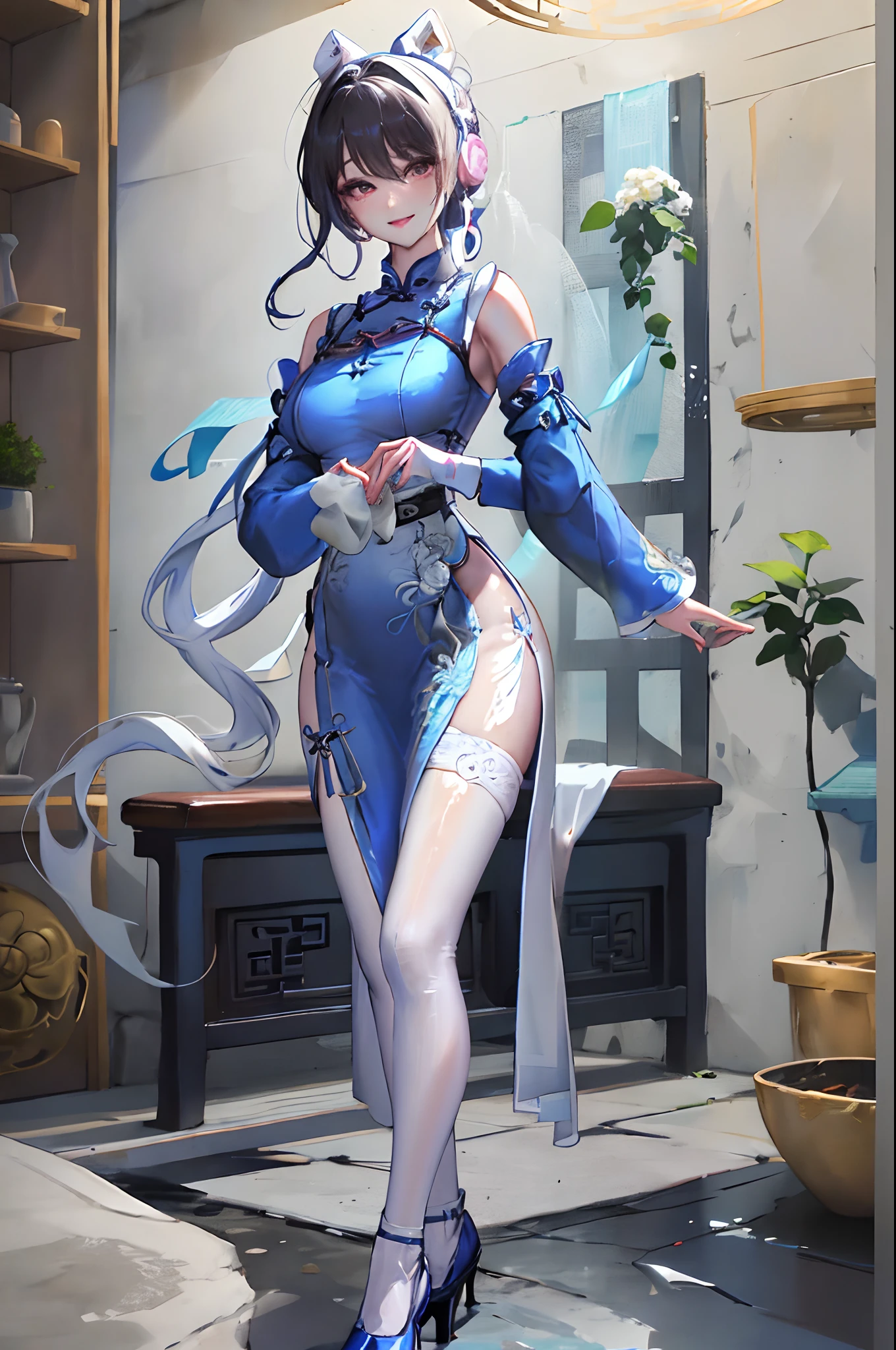 Masterpiece, Superb Product, 1 Woman, Blue Clothes, Blue Cheongsam, Full Body Photo, Antique Chinese, White Cloth Bun Bun, Black Hair, Leaky Shoulders, Large Chest, Long Legs, Smile, Black Pantyhose, Pale Pink Lips, Embroidered Clothes, High Heels