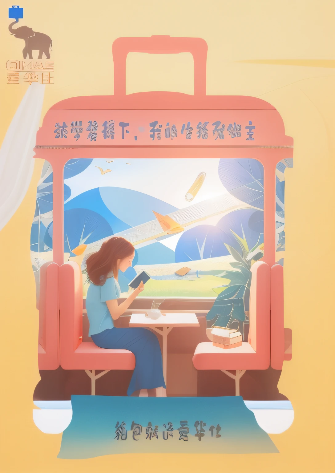 Image of a woman sitting at a table holding a suitcase, 🚿🗝📝, Poster illustration, Middle metaverse, 4 ), 6k, vibrant tourism poster, author：Qu Leilei, author：Qiu Ying, author：Cheng Jiasui, 🪔 🎨;🌞🌄, author：Xia Gui