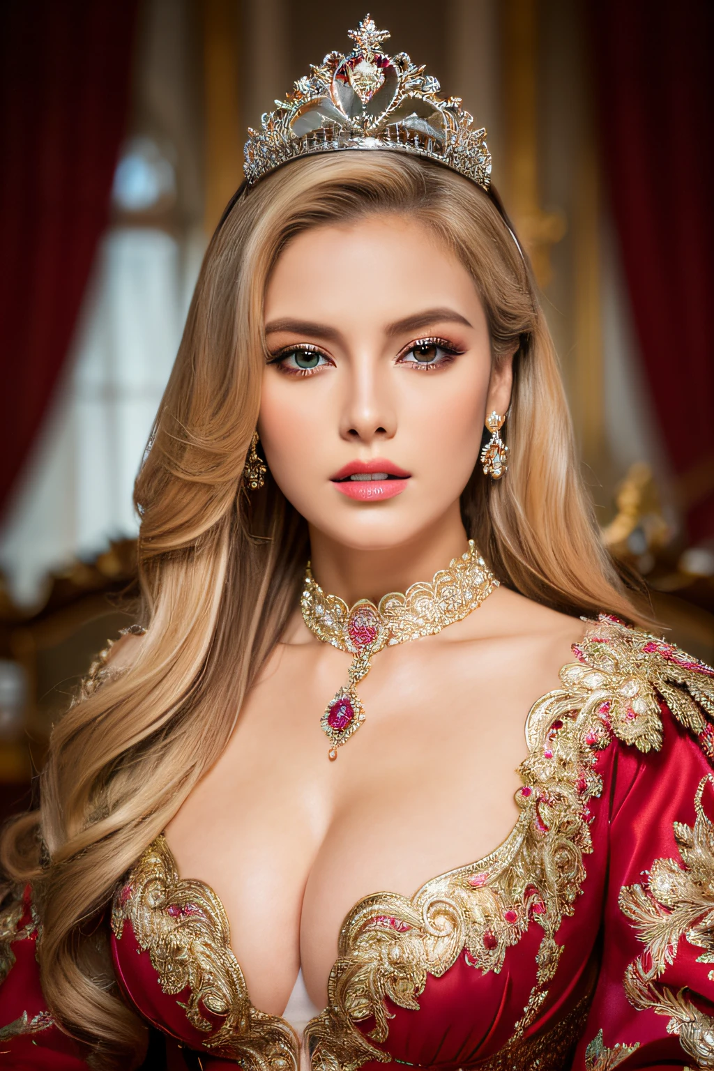 (top-quality,8K,​masterpiece),Noble lady,A queen,A face full of compassion,blondehair,(Double eyelids,A detailed eye,beautidful eyes,Beautiful lips,Detailed skin),Wear a tiara and sit on a throne,Red Detailed Dress,Highly detailed clothing and accessories,Dramatic lighting and shadows,Colossal tits,Deep cleavage exposure,de pele branca,
