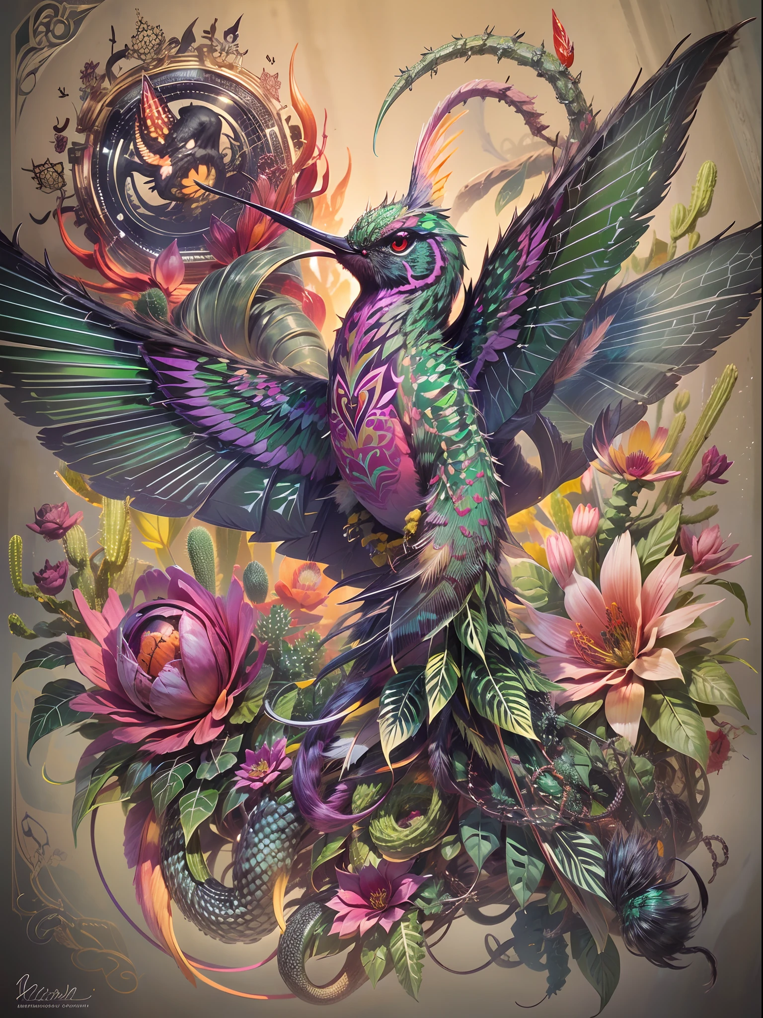 In this tattoo design, create a surreal creature that fuses the features of a hummingbird, a snake, and a cactus, with intricate details such as iridescent feathers, vibrant green scales with spines, and delicate flower blooms growing from the creature's prickly body, set against a dark and moody background with hints of sunset hues, to create a mesmerizing and unforgettable image.