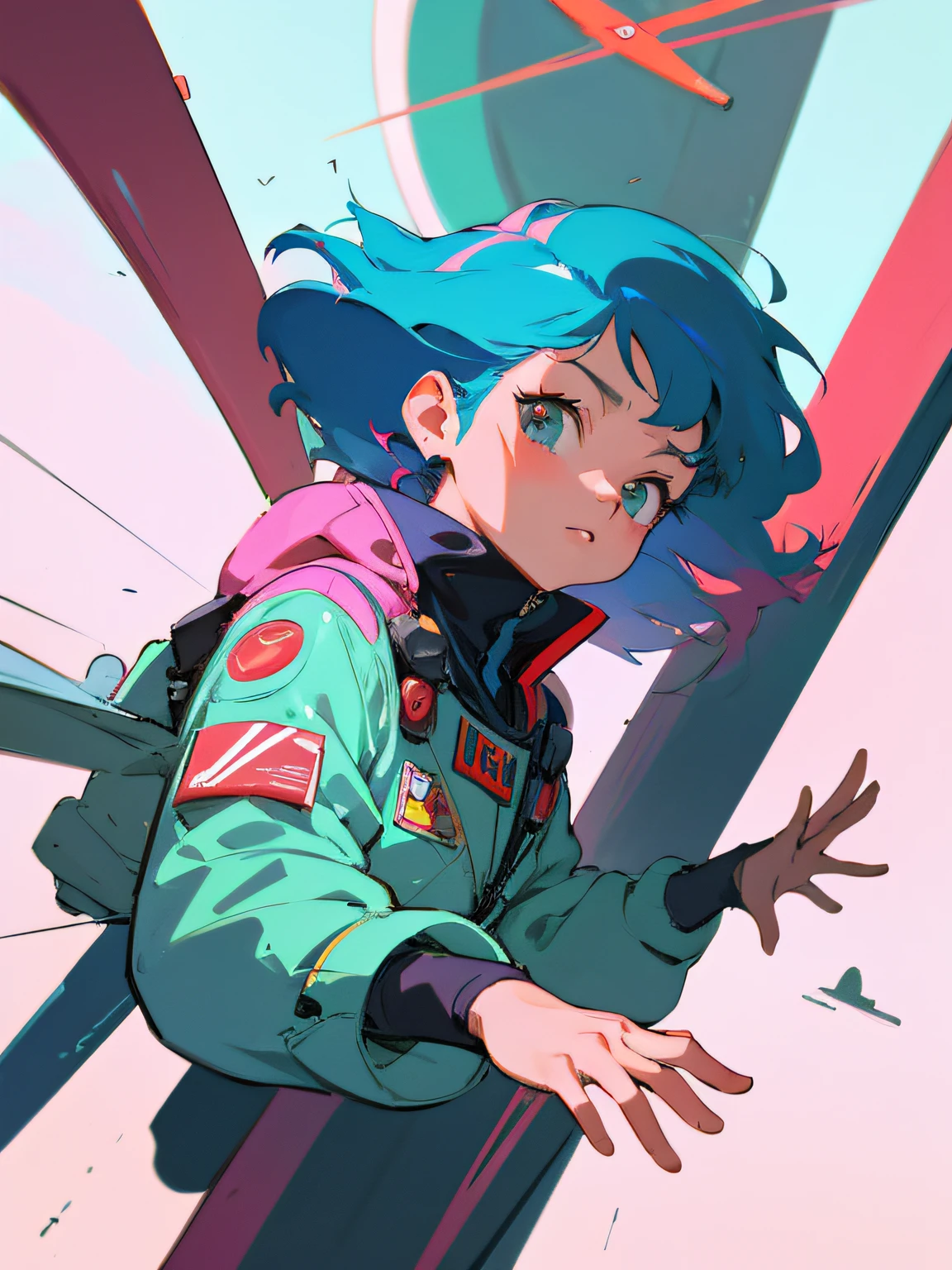 Anime character flying an airplane in a spacesuit, portrait anime space cadet girl, pilot girl, cute pilot girl, lofi-girl, akira art style, style of macross, akira style illustration, style of akira motion movie, mcross, akira vibes, inspired by Josan Gonzalez, Lofi art, 8 0 s anime art style, Praise Artstyle
