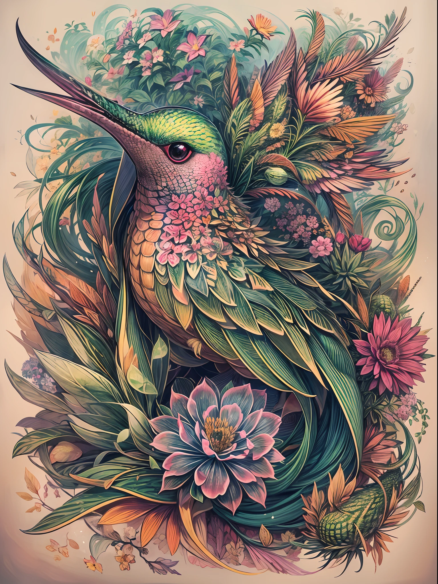 In this tattoo design, create a surreal creature that fuses the features of a hummingbird, a snake, and a cactus, with intricate details such as iridescent feathers, vibrant green scales with spines, and delicate flower blooms growing from the creature's prickly body, set against a dark and moody background with hints of sunset hues, to create a mesmerizing and unforgettable image.