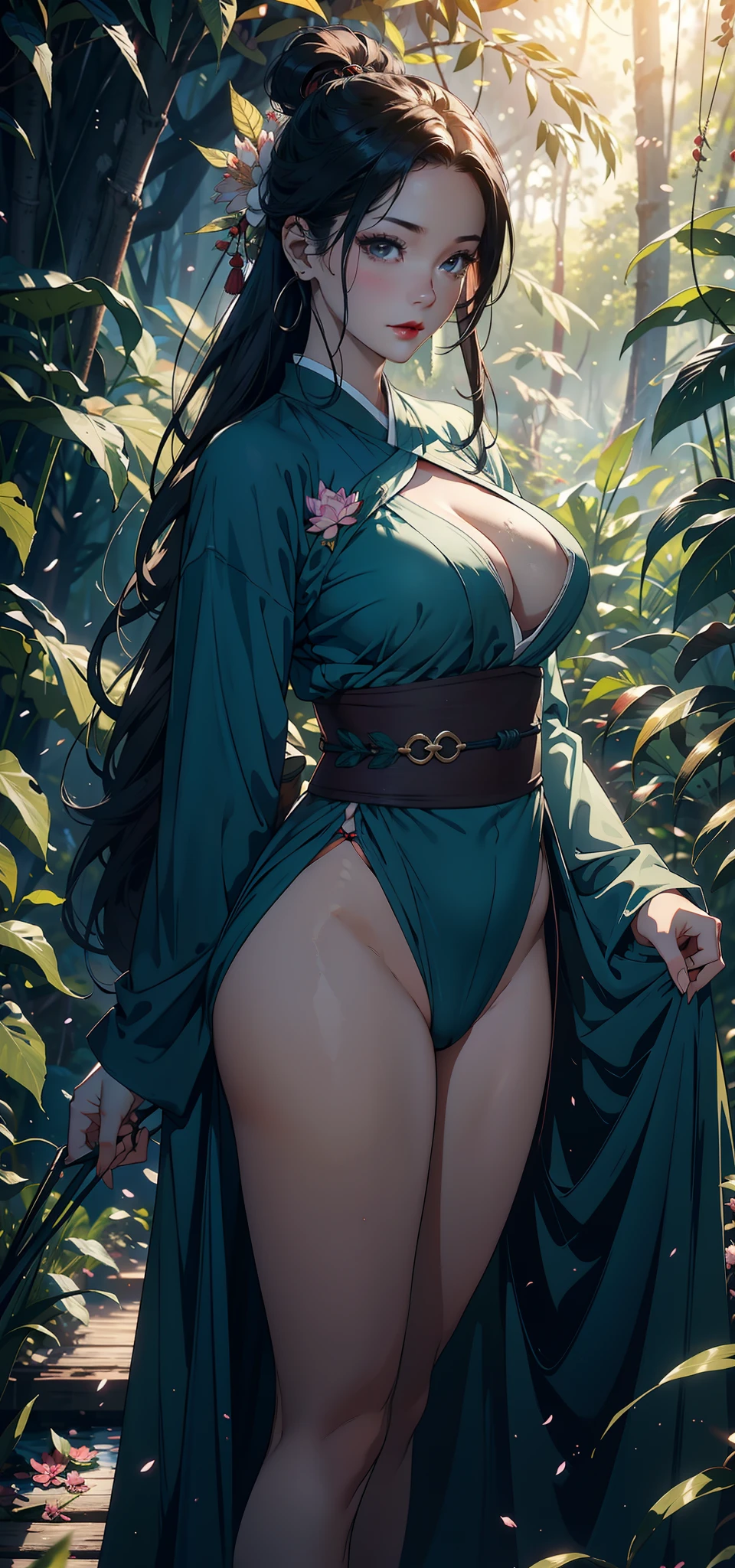 1female,45 yers old,Married Woman,熟妇,mature,plumw,extremely large bosom,Big breasts Thin waist,long leges, 独奏,(Background with:Deep in the forest,Cherry blossom forest,ponds,lotus flower)Stand on the grass,Open your legs, She has long black hair,bobo head,,seen from the front, standing in forest, mostly cloudy sky,(((tmasterpiece),(Very detailed CG unity 8K wallpaper),best qualtiy,cinmatic lighting,detailed back ground,beatiful detailed eyes,Bright pupils,Black eyes,Snow-whiteskin,Redlip(Very fine and beautiful),(Beautiful and detailed eye description),ultra - detailed,tmasterpiece,))facing at camera,A high resolution,ultra - detailed),laughingly,revealing breasts,Bare genitalia, Bulge,legs are open,Raised sexy,Camel toes,Flushed complexion,Desire for dissatisfaction,frontage,Aviator(Wearing:,Green Hanfu,spiderman uniform)visible panty、nakeness,A sagging breast