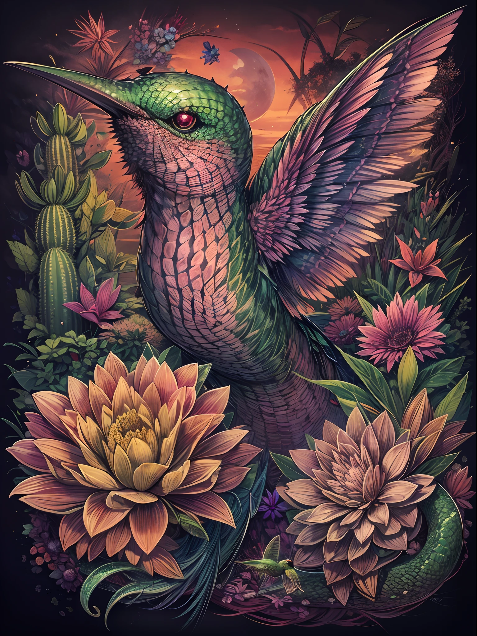 In this tattoo design, create a surreal creature that fuses the features of a hummingbird, a snake, and a cactus, with intricate details such as iridescent feathers, vibrant green scales with spines, and delicate flower blooms growing from the creature's prickly body, set against a dark and moody background with hints of sunset hues, to create a mesmerizing and unforgettable image.