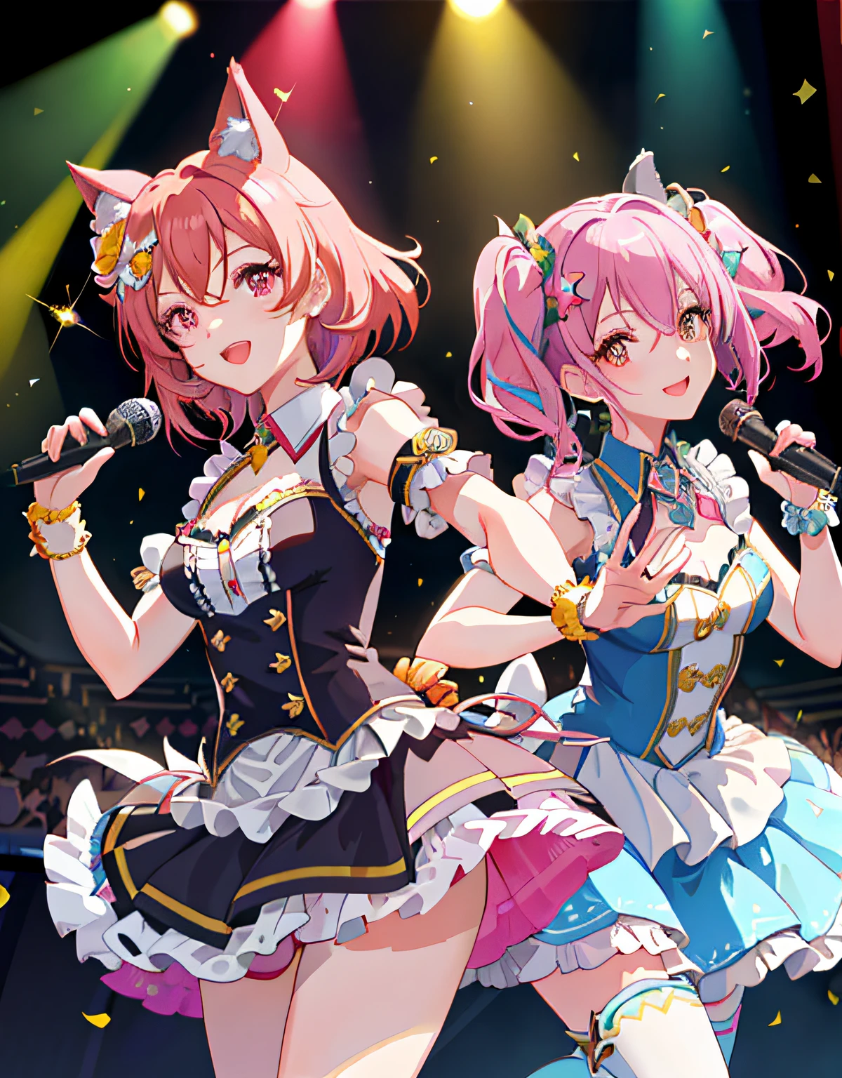 Masterpiece, Divine Drawing, Trended Style, (((Perfect Human Hand, 5 Fingers))), Perfect Human Body, Dynamic Angle, Upper Body, 2 Girls, Smile, Wolf Ears, Wolf Tail, Pink Eyes, Hair Between Eyes, (((Wink)))), D Cup, Cleavage, Striped Hair, (Colorful hair color: 1)))), Variegated hairstyle: 1, Twin tails, Ultra-detailed gradient hair, idol costumes, professional designers, ruffled dresses, love live, The Idolmaster, jewels, backstage, best stage, climax: 1, professional stage, (holding the microphone in your left hand and singing emotionally, overflowing emotions, best smile))), singer, vocalist: 1, idol, diva, professional stage, professional lighting, live lighting, averting the gaze, fan service, love for the fans, (((satellite photo seen from the audience))), (((panchira, cute panties))))
