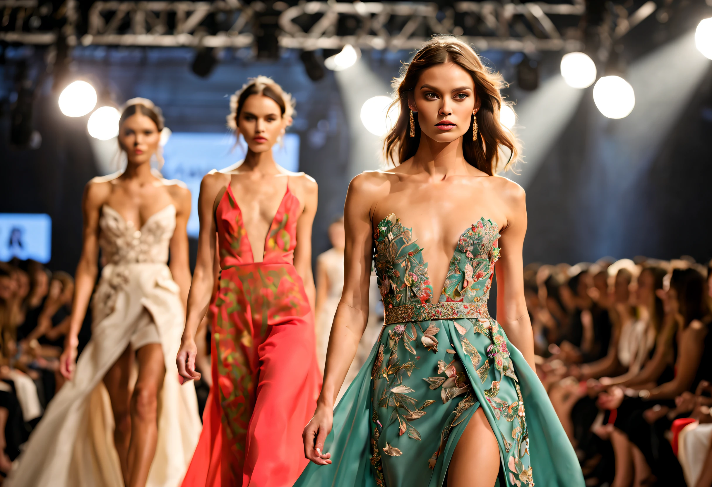 A glamorous fashion show, with a runway stretching as far as the eye can see, (best quality, 4k, highres, masterpiece:1.2) showcasing an array of stunning outfits. The models are walking confidently, flaunting their meticulously designed clothing, each with unique embellishments and intricate details. The clothes shine brilliantly under the (studio lighting:1.1), highlighting every contour and texture. 

The atmosphere is vibrant, with a (colorful, vivid, lively) color palette accentuating the garments. The stage is adorned with elegant decorations, adding a touch of sophistication to the event. (HDR:1.1) technology is used to enhance the image quality, bringing out the true beauty of the scene.

The models have exquisitely styled hair and wear fashionable makeup that accentuates their features, adding to their overall allure. They have (poise and grace:1.1) as they glide down the runway, showcasing their (beautiful detailed eyes:1.1) and (beautiful detailed lips:1.1), perfectly capturing the attention of the audience. The theme of the fashion show reflects the latest trends, blending contemporary and classic elements seamlessly.

The audience is captivated by the stunning designs, their eyes fixed on the models as they strut confidently. The energy in the room is palpable, a sense of anticipation filling the air. People are applauding and gasping in awe at the extraordinary garments on display.

The lighting is carefully crafted, casting a (soft, glamorous) glow on the runway, accentuating the models' movements. The (bokeh:1.1) effect adds a dreamlike quality, creating a magical atmosphere. The whole scene is (ultra-detailed) with sharp focus on every garment, capturing every intricate design element. The result is a (realistic, photorealistic:1.37) representation of an awe-inspiring fashion show.

Overall, this prompt captures the essence of a high-end fashion show, with its attention to detail, vibrant colors, and impeccable style. With this prompt, Stable Diffus