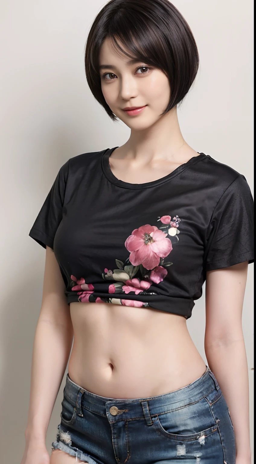 85
(a 20 yo woman,is standing), (A hyper-realistic), (masutepiece), ((short-hair:1.46)), (Smooth black hair), (Breast:1.0), (kindly smile), Wearing shorts, (Wear a T-shirt with a character design print), (Beautiful skin:1.5)