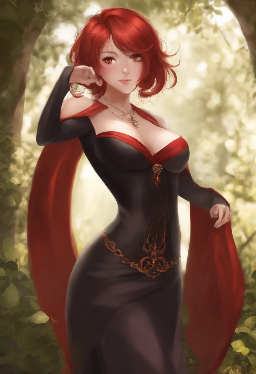 1girl, mature, red hair, red eyes, large breasts:1, mn, simple background,