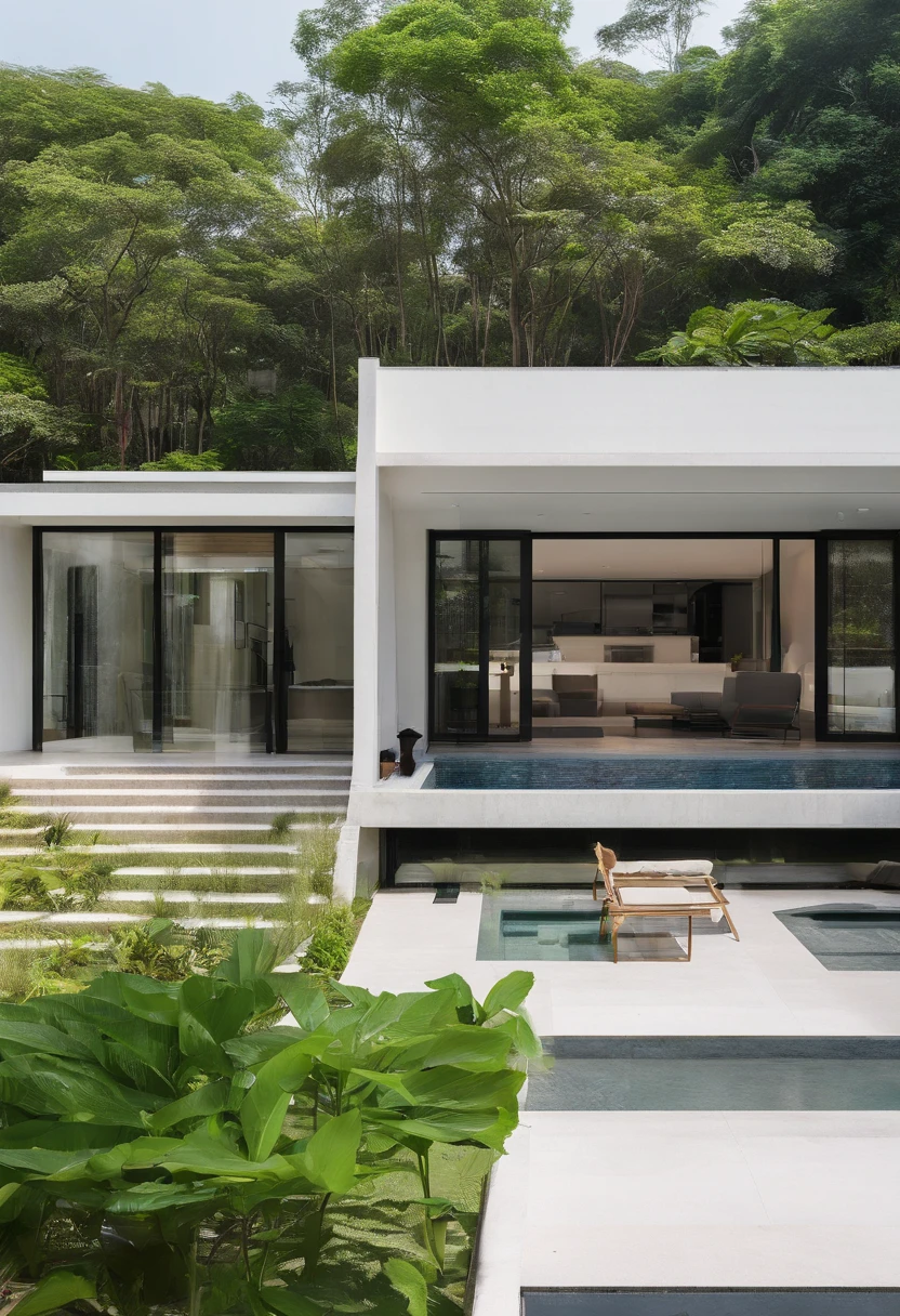 a modern style 2-story villa with garden and swimming pool in Vietnam, characterized by clean lines, large windows, open-plan living spaces, natural materials such as wood, stone, concrete, and glass, lush greenery, tropical plants, water features, and outdoor living spaces. The villa should evoke a sense of relaxation, serenity, luxury, and elegance.--ar12:8 --5.2 --style raw