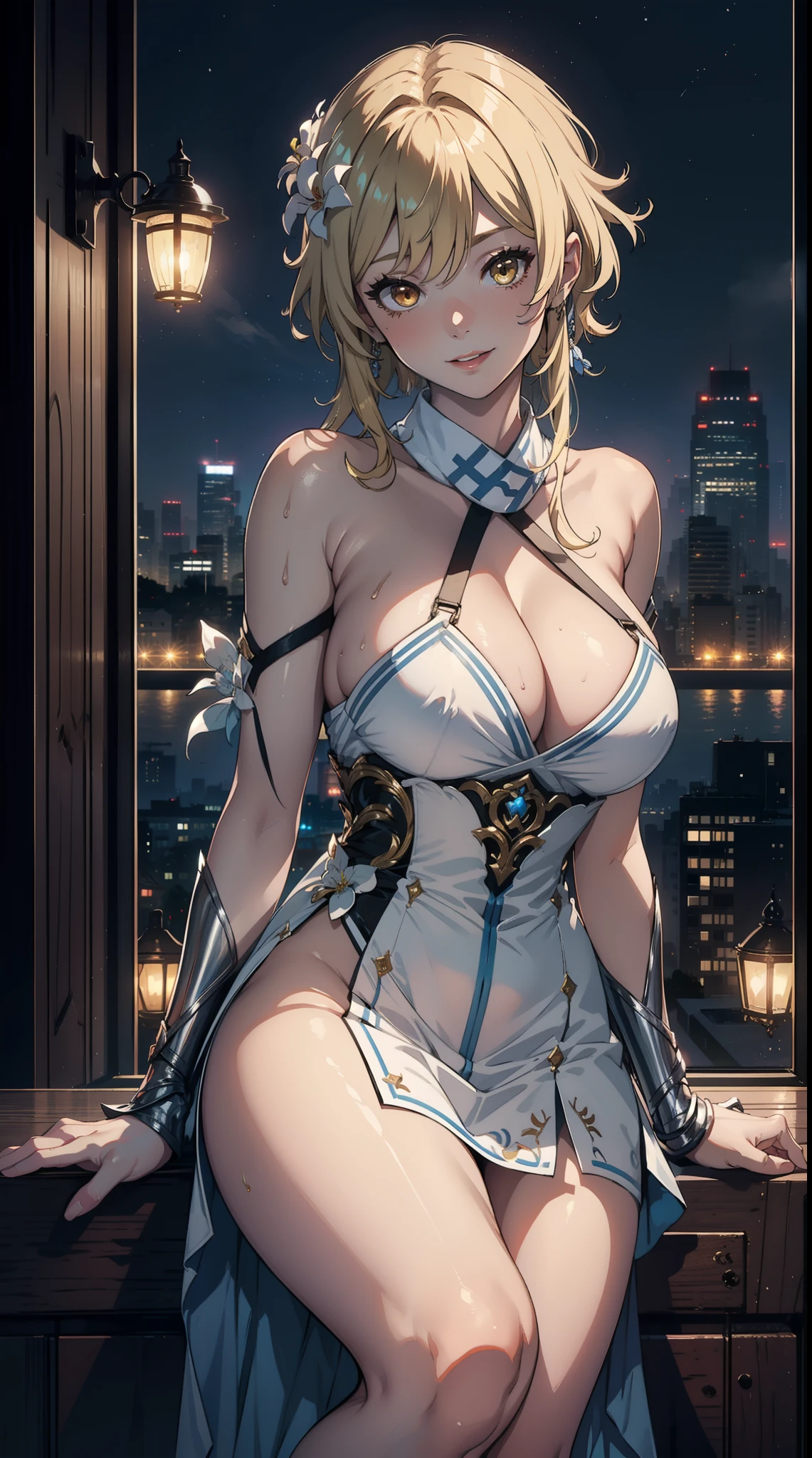 Masterpiece,sexy, night, smile, looking at viewer, dynamic pose, large breasts, pretty face, cleavage, redlip, (sexy dress), indoors, Night city view, elegant, luminedef,luminernd,