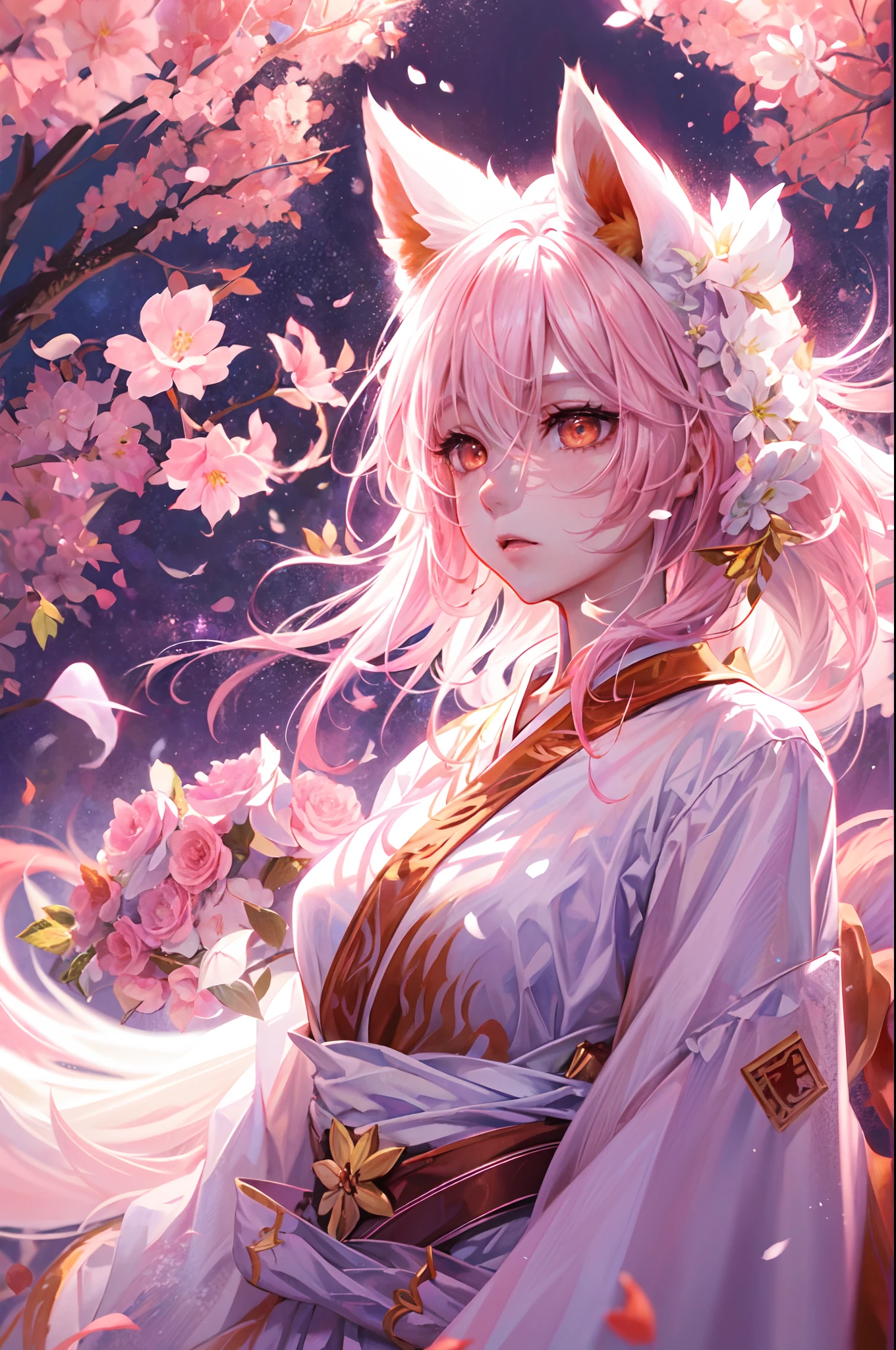 Nine snow-white fox tails (1.0), milky fox tail (1.0), fox close-up of nine tails, nine-tails, nine-tails, anime girl with pink hair and pink dress with flowers on her hair, very beautiful anime fox girl, beautiful anime fox girl, beautiful fantasy anime, guweiz, anime girl with fox ears, beautiful anime girl, very beautiful and cute fox girl, pink flower rain, background blur, anime style 4 K, anime fantasy artwork, 4k anime wallpaper, Artwork in the Guvez style