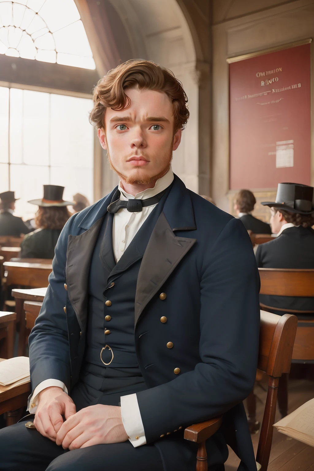 year: 1862. Location: Cincinnati. Pre-Raphaelite (((44-year-old Richard Madden))), ((overweigth)), salt and pepper hair, doctor, seated in a university amphitheater classroom full of people, ((worried look)), ((((Clothing from the 1860s)))) ((Hairstyle of the 1860s)), ((("OMITB" cinematography)))