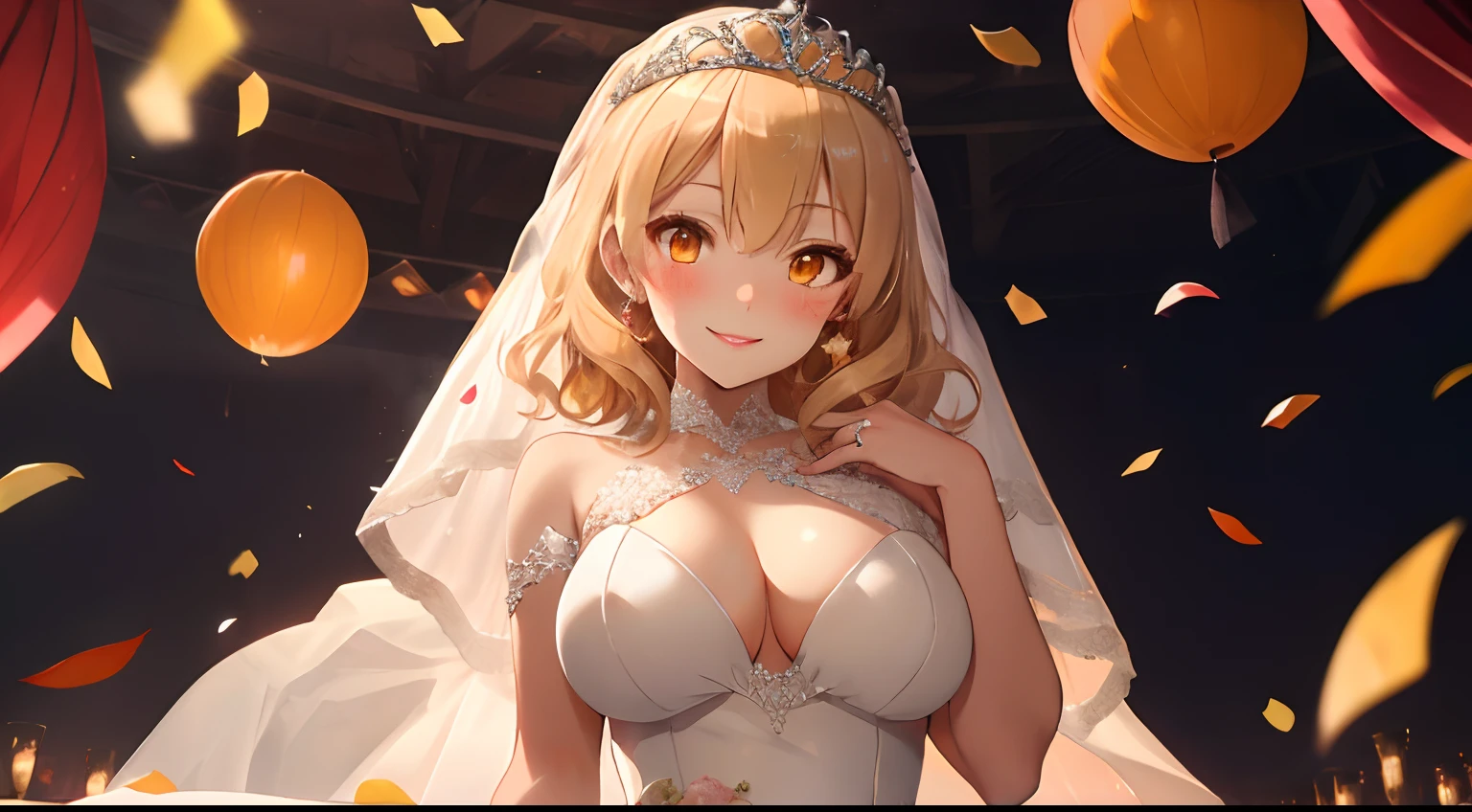 fluffy hair,flaxen hair,Orange Eyes,red tide,Sexy lips,Gloss々Lips,Breasts wide open,Valley,Heart mark in hand,Shy smile,Asymmetrical skirt hem,Luxurious dresses,Light pink wedding dresses,Wearing a veil,Tiara on the head,Confetti is flying