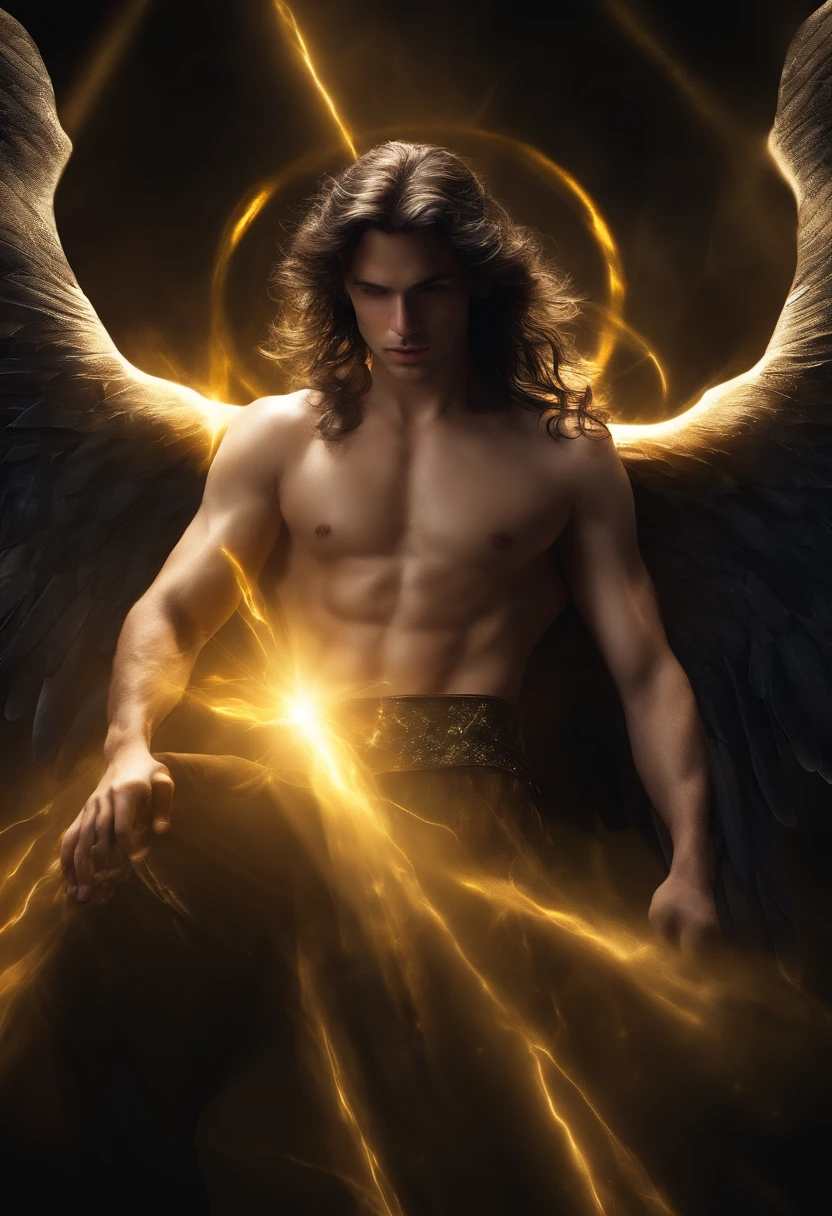 (Master Parts, Best Quality:1.3), (ultra-detailliert:1.3), 1male people, soio, (A dark-haired, hair messy, short-haired), (Angel Wings, Angel Halo), flat breast, yellow  eyes, harness, Cinematic lighting, (((Glowing particles of light))), (arms behind back), Dynamic Angle,