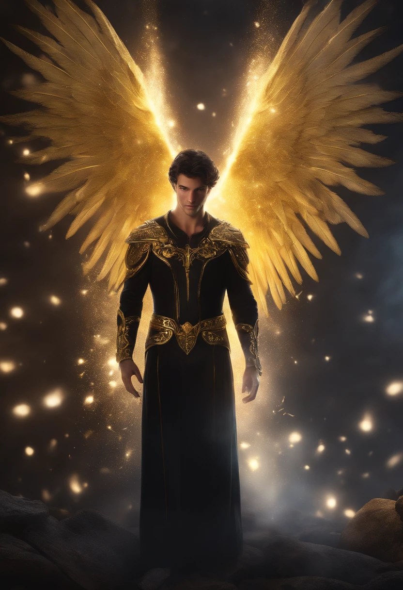 (Master Parts, Best Quality:1.3), (ultra-detailliert:1.3), 1male people, soio, (A dark-haired, hair messy, short-haired), (Angel Wings, Angel Halo), flat breast, yellow eyes, harness, Cinematic lighting, (((Glowing particles of light))), (arms behind back), Dynamic Angle,