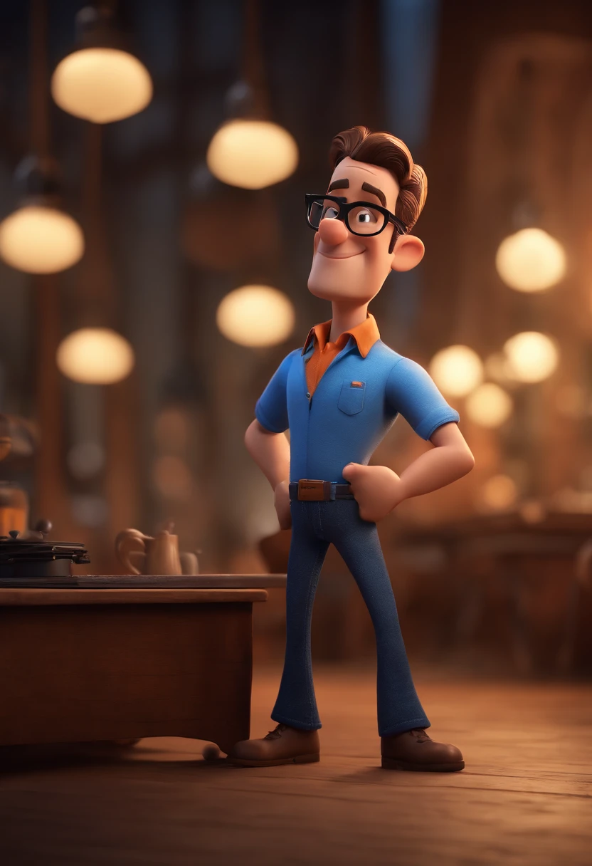 Cartoon character of a man with black glasses and a blue shirt, animation character, Caractere estilizado, animation style rendering, 3D estilizado, Arnold Maya render, 3 d render stylized, toon render keyshot, Personagem 3D, Personagem 3D, 3d rendering stylized, 3 d character render, personagem de desenho animado, Personagem de close up, Pose de personagem,  (Estilo Pixar) (master part:1.2) (Bokeh) (best quality) (pele detalhada) (textura detalhada) (8k) (argila) (Cinematic lighting) (foco nítido