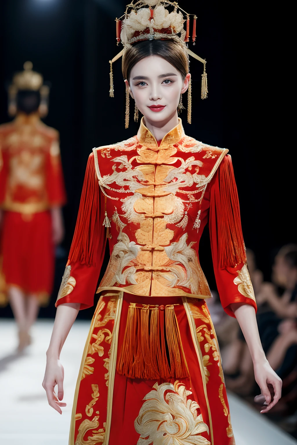 (Chinese court fashion show:1.5),1个Giant Breast Girl, stunningly beautiful, Wearing a long red and gold dress,with a crown on her head, posed for photo, Fashion show, Long face, Blue eyes,(Catwalk walk:1.6), The grand finale of the fashion show, Fashion show evening,running track, Huge stage, Paris Collection, full bodyesbian, Masterpiece, Best quality, absurderes, Highest quality, Amazing details, 8K, Aesthetic