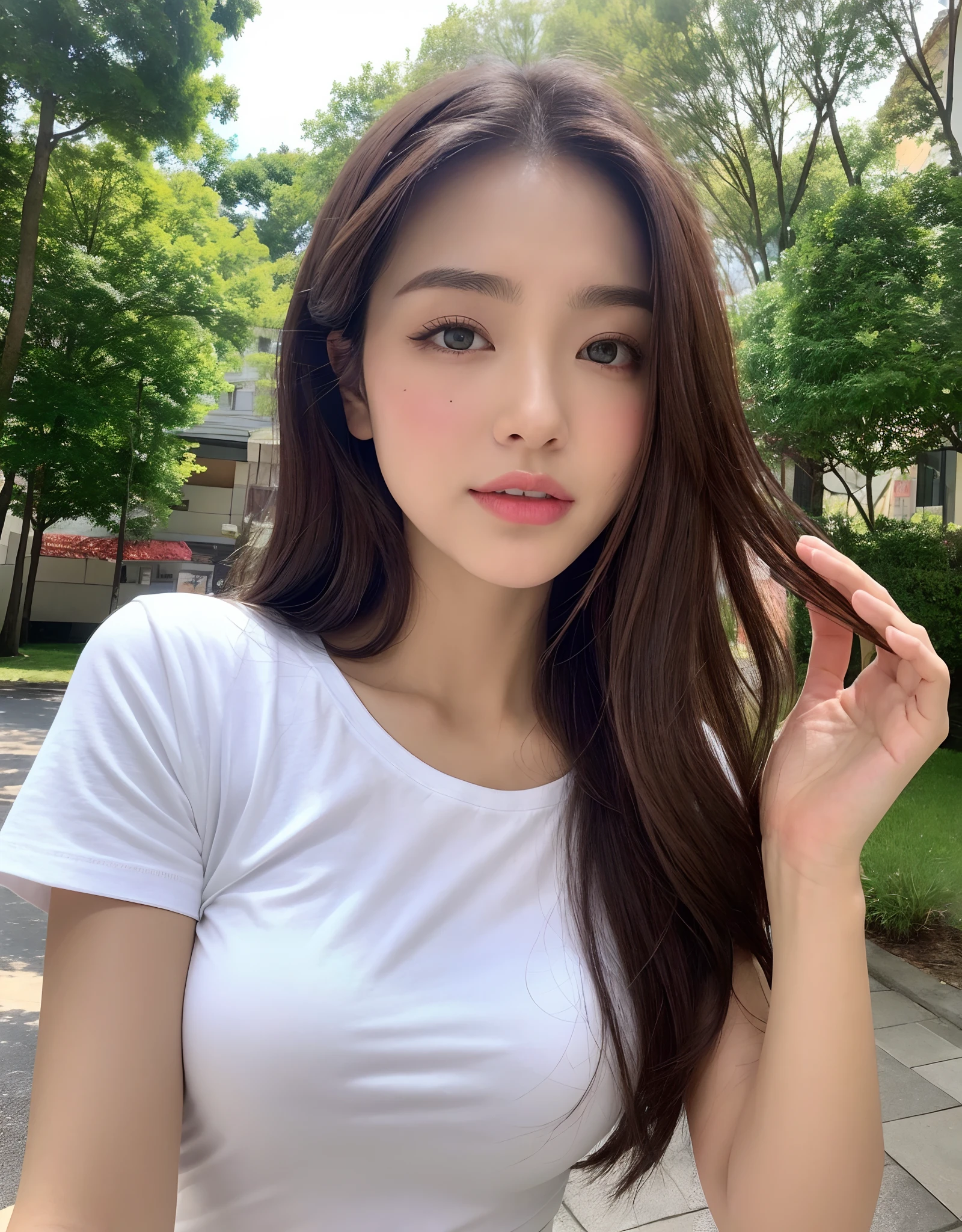 (during daytime, excellent, 8K, ​masterpiece: 1.3)), full body Esbian, Long feet, Focal length: 1.2, Perfect Body Beauty: 1.4,Slimed: 1.1, ((dark brown hair: 1.2 )), (white tee, JINS, standingn: 1.2), ((sity, plein air: 1.3)), Face and skin texture, Detail Eye, 二重まぶた、healthy、