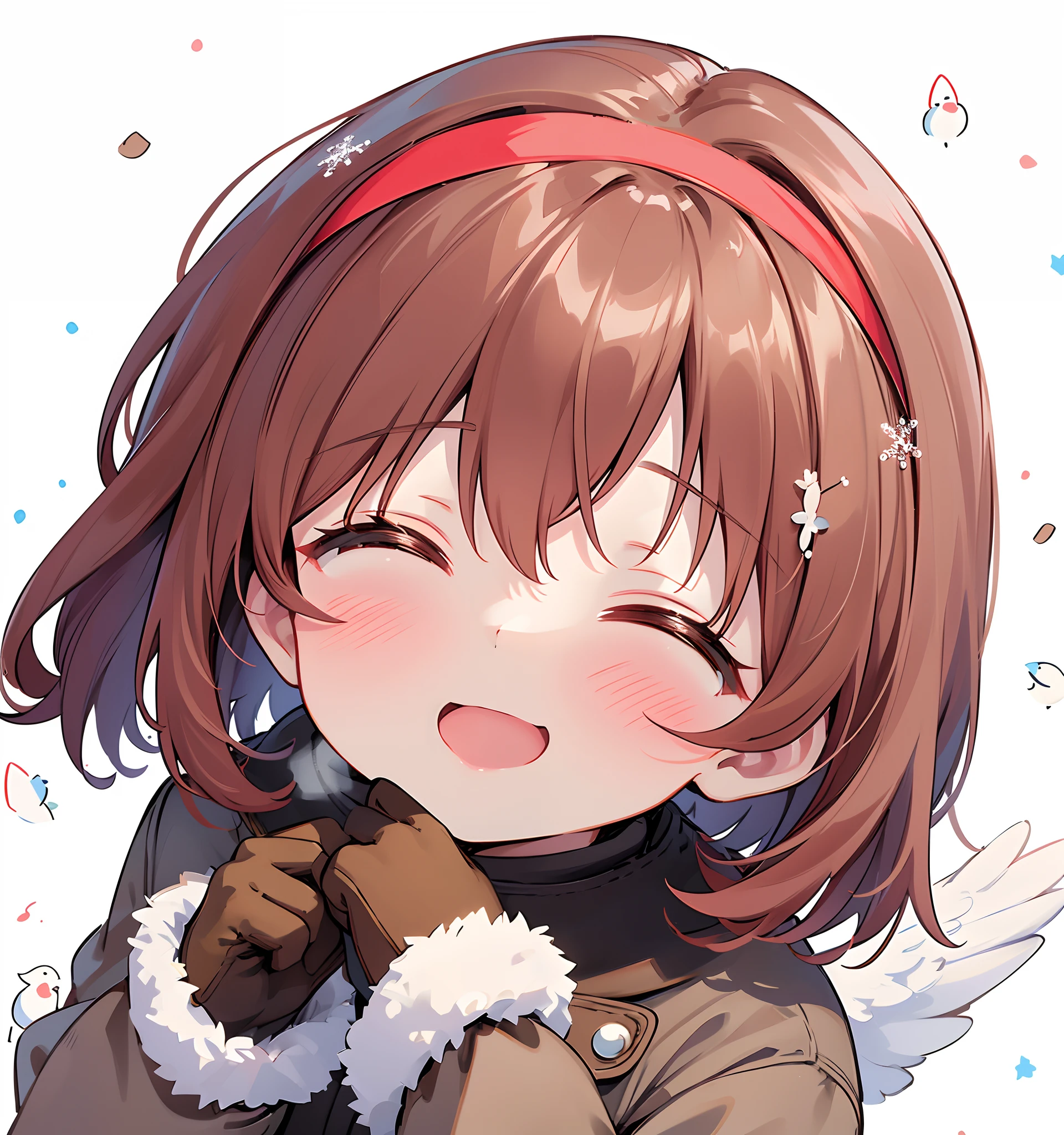 a five years girl、From above、Over Head Shot、(Looking Up:1.2)、red hairband、Brown straight short cut hair、Brown long coat for winter、I have my mouth wide open、Cute closed eyes、closed eye、A smile、bird’s eye view、snowflakes falling、Overlapping hands、Winter Fingerless Gloves、White feathers、Blurry background、