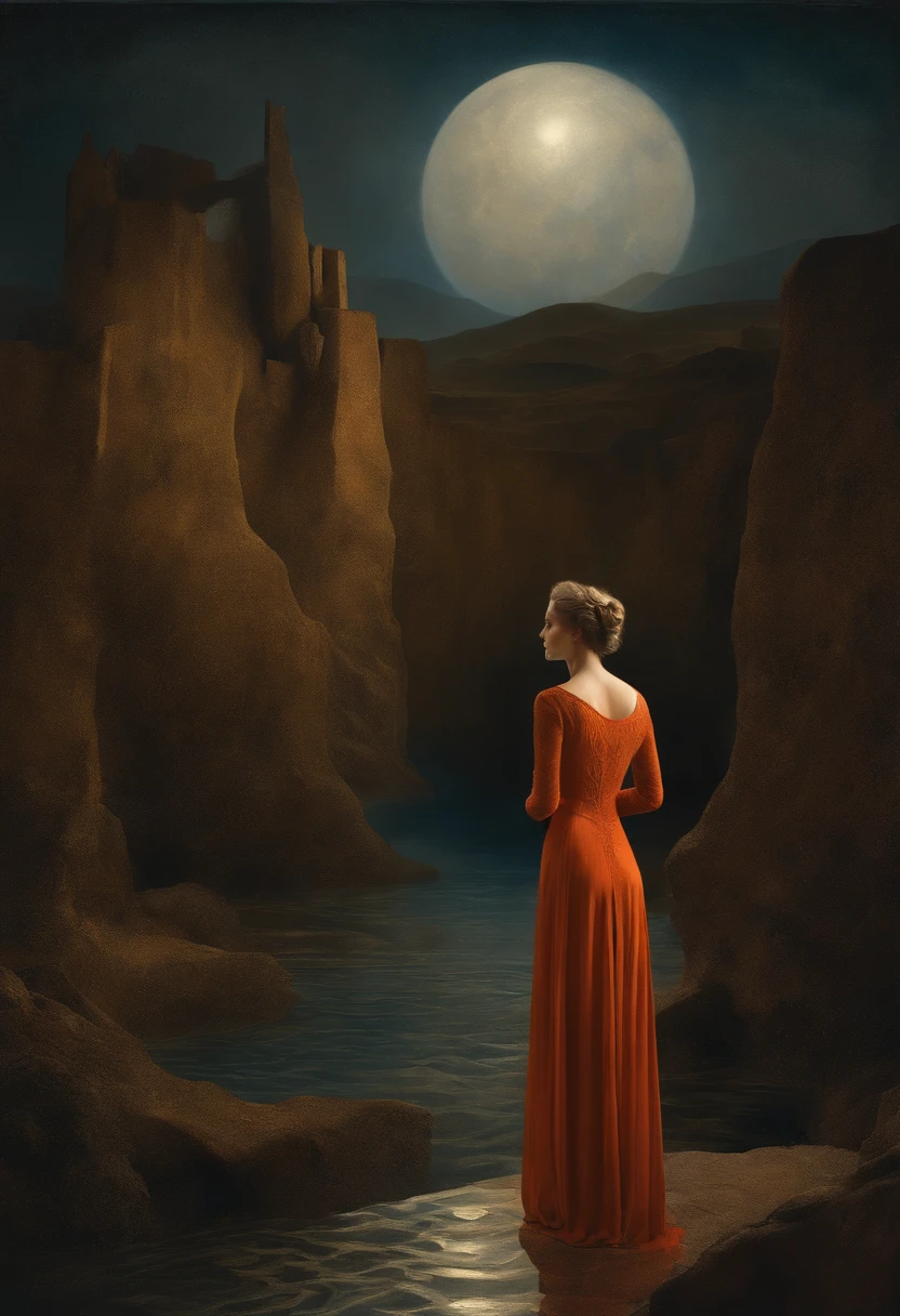 high quality, 8K Ultra HD, highly detailed, Abstraction, Oil, Sketch, Cubism, Brush, Renaissance, Pigment, Contrast, Depth, Creativity, Imagination, Ceramic, Cerulean, Vermilion, Impasto, Glaze, Grayscale, Fauvism, draws inspiration from the mystique of James Whistler and the ethereal touch of Remedios Varo, set in a moonlit dreamscape, The captivating woman, reminiscent of Whistler's portraiture, stands in an otherworldly environment, luminism, 3d render, octane render, Isometric, by yukisakura, awesome full color,
