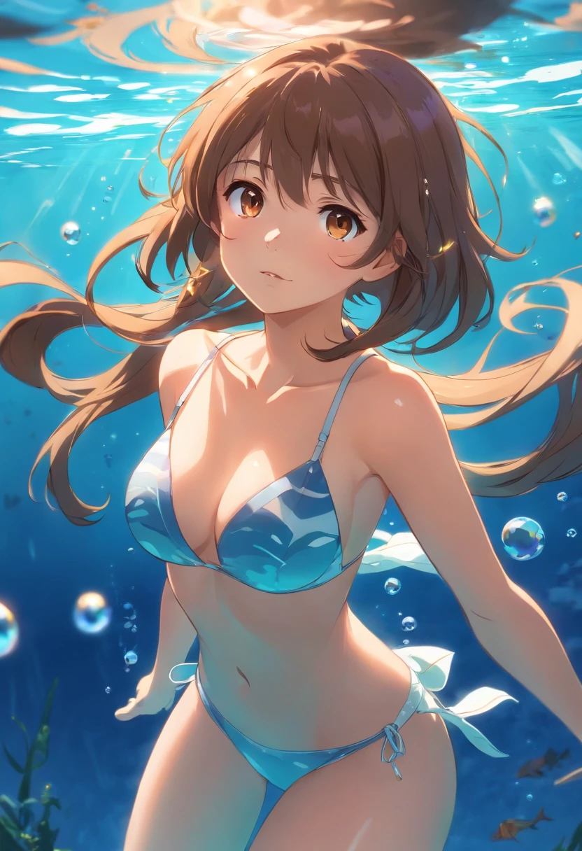 masterpiece, best quality, 1girl, brown hair, brown eyes, long hair, underwater, air bubble, solo, looking at viewer, swimming, dappled sunlight, bare breasts, (: 1.5), cute girl, standing, cute face, sexy, full length, magic fire, bikini, embarrassment, slim girl, good anatomy, anime art, adult girl, without a bra