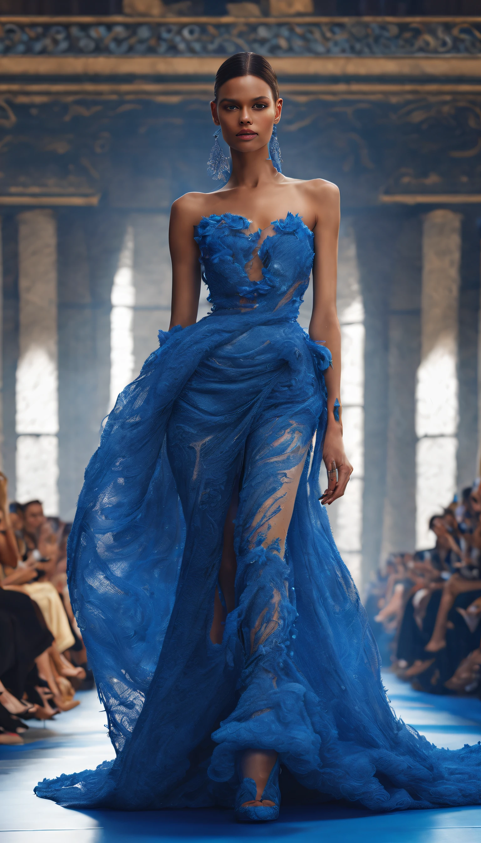 (Photo of female model walking the catwalk in sapphire blue ocean haute couture）,Haute couture, Witch clothes，The scene of the Paris fashion show，Catwalk scene，（full bodyesbian：1.37）.Beautiful shoe background：The stepped stage is covered with fine sand，Jupiter，Recife，Sand and foam, dust kicked up，Blue swirls swirl like bubbles, Absurdly long hair,, 
Background with: 
inside in room：Catwalk scene， (((Runway scene))), (Snowflakes in the background)Ray tracing, god light, hyper HD, A masterpiece of anatomical knots，Can make the skin textured, Super detail, High details, High quality, Award-Awarded, Best quality, A high resolution, 8K，Catwalk scene，Shoot from the bottom up，Find it in Ultra HD, Masterpiece, Charming eyes，Anatomically correct, Textured skin, Super detail, Award-Awarded, Best quality, 8K vistas, Catwalk, Realistic, Fantasyart，