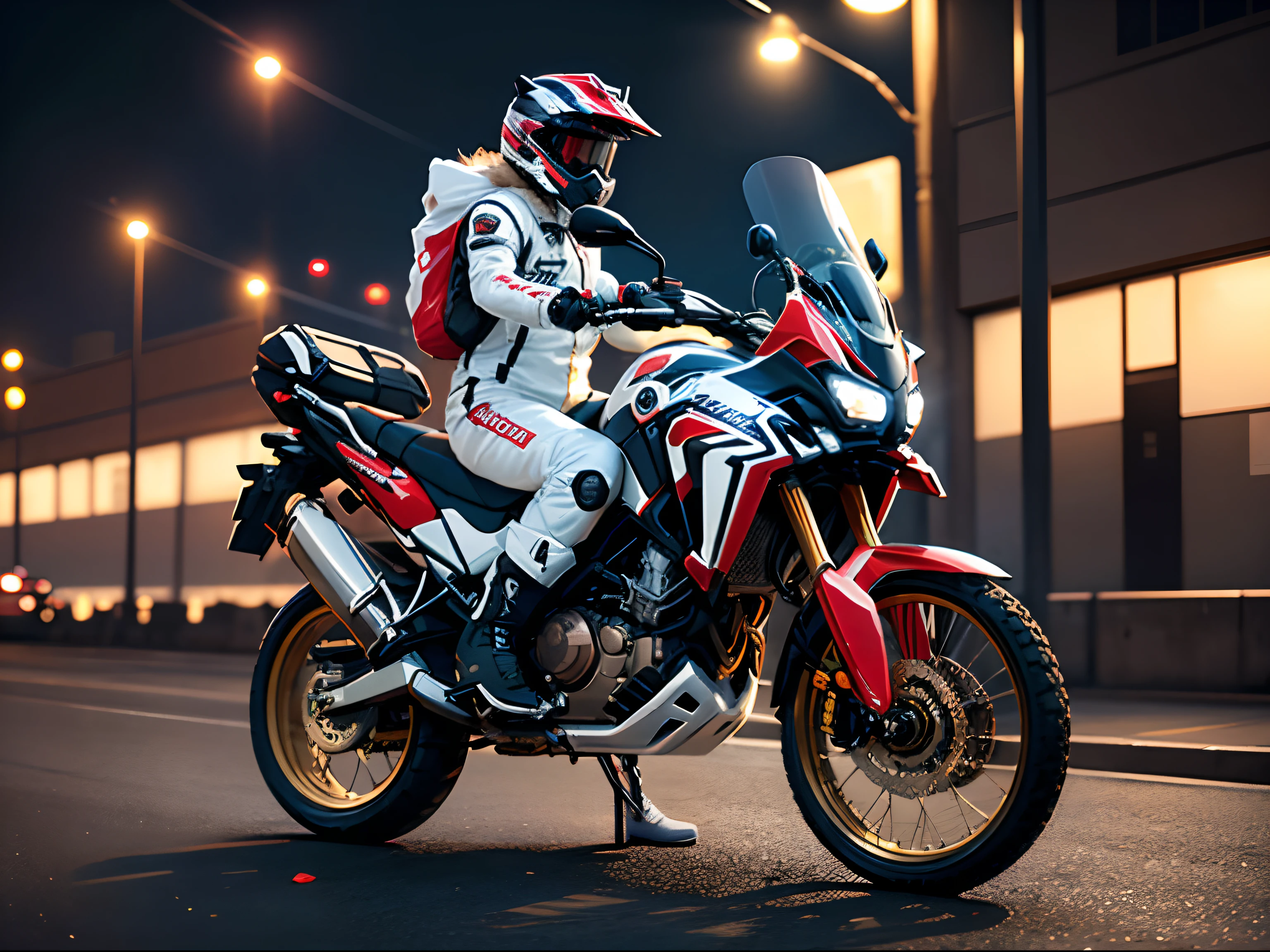 超A high resolution、An ultra-high picture quality、8K、Detailed details、marvelous expression、Big city at night、Honda CRF1100L Africa Twin(Tricolor color)Driving on the highway、It is ridden by a rider wearing a white helmet and a red leather suit、Ride beautifully through the big city at night、