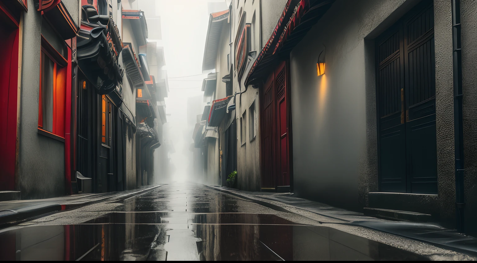 wall-paper, (fantasy-inspired), 夏天, Back alley, zori, wet street surface, Foggy, Dawn background, ((European style)), depth of fields, HD Detail, Hyper-detailing, Cinematic, softlight, Deep field focus bokeh, Ray traching, diffused(Ultra-fine glass reflection)and realism. --v6