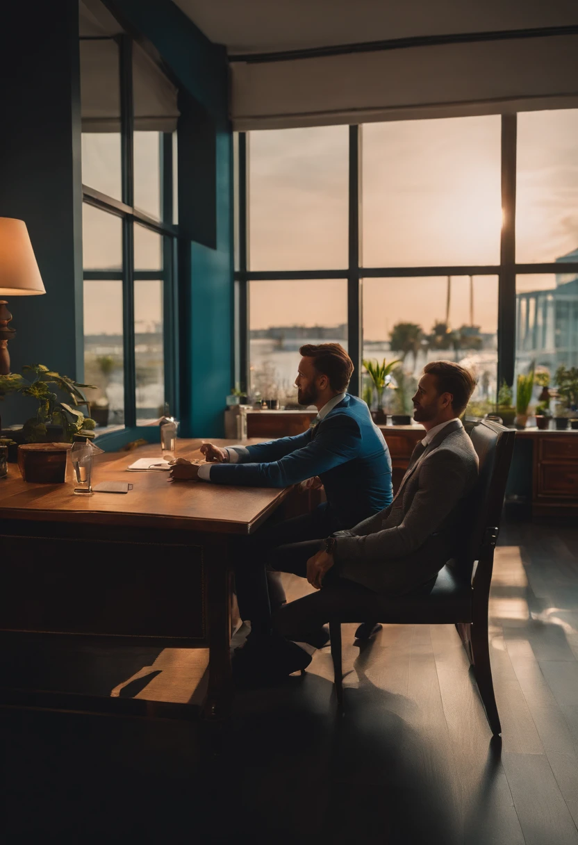 There were two men sitting at a table chatting, Be interviewed, interview, reddit post, photoshoot, Profile image, artistic pose, YouTube video screenshots, personal profile picture, Avatar image, smooth in _ Background with, Photo portrait, Professional artwork, profile photo, professional profile picture, Profile picture, working in an office, make
