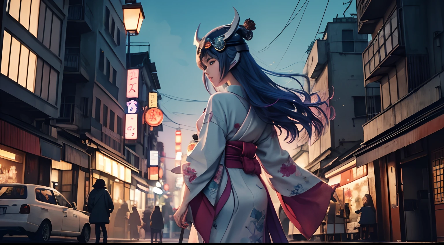 Watercolor drawing of back view of girl posing in kimono with lots of delicate ornaments and wearing demon helmet standing in a city at night during the dynastic period, hair and kimono swaying in the wind, VOFAN style, pastel colors, cute, eccentric, fantasy art, watercolor style, blurring, VOFAN artwork, cover illustration VOFAN, drawing VOFAN, perfect illustration by VOFAN, perfect light and shadow technique background by VOFAN, Adobe Illustrator, hand drawn, digital painting, low poly, soft lighting isometric illustration style, retro aesthetic Character Background Focus, 4K Resolution, Photorealistic Steps, Using Cinema4D, Cinematic Lighting, Dynamic Compositing, Pixiv Fanbox Trends, Saturated Gouache, Cyberpunk,