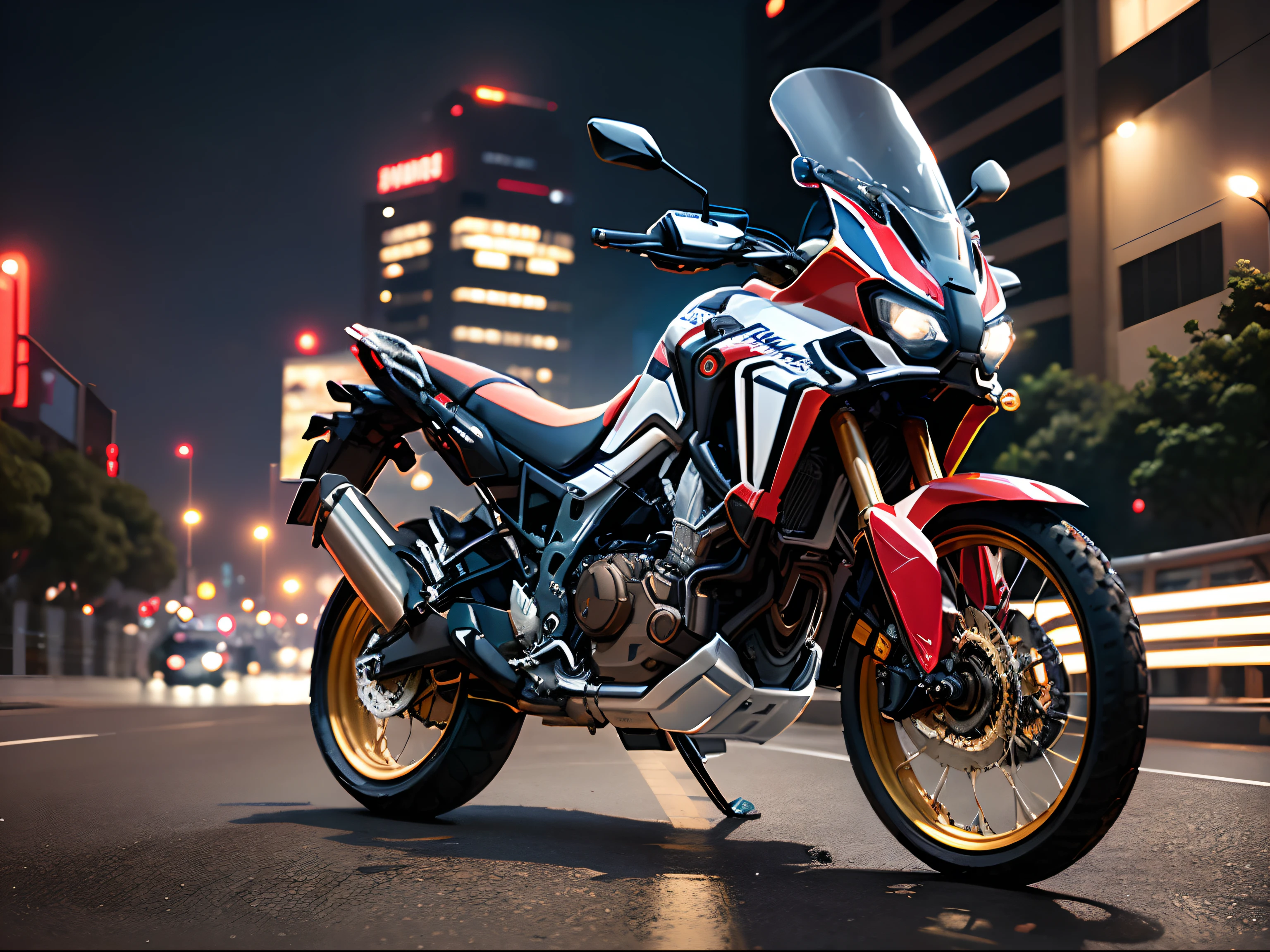 超A high resolution、An ultra-high picture quality、8K、Detailed details、marvelous expression、Big city at night、Honda CRF1100L Africa Twin(Tricolor color)Driving on the highway、It is ridden by a rider wearing a white helmet and a red leather suit、Ride beautifully through the big city at night、