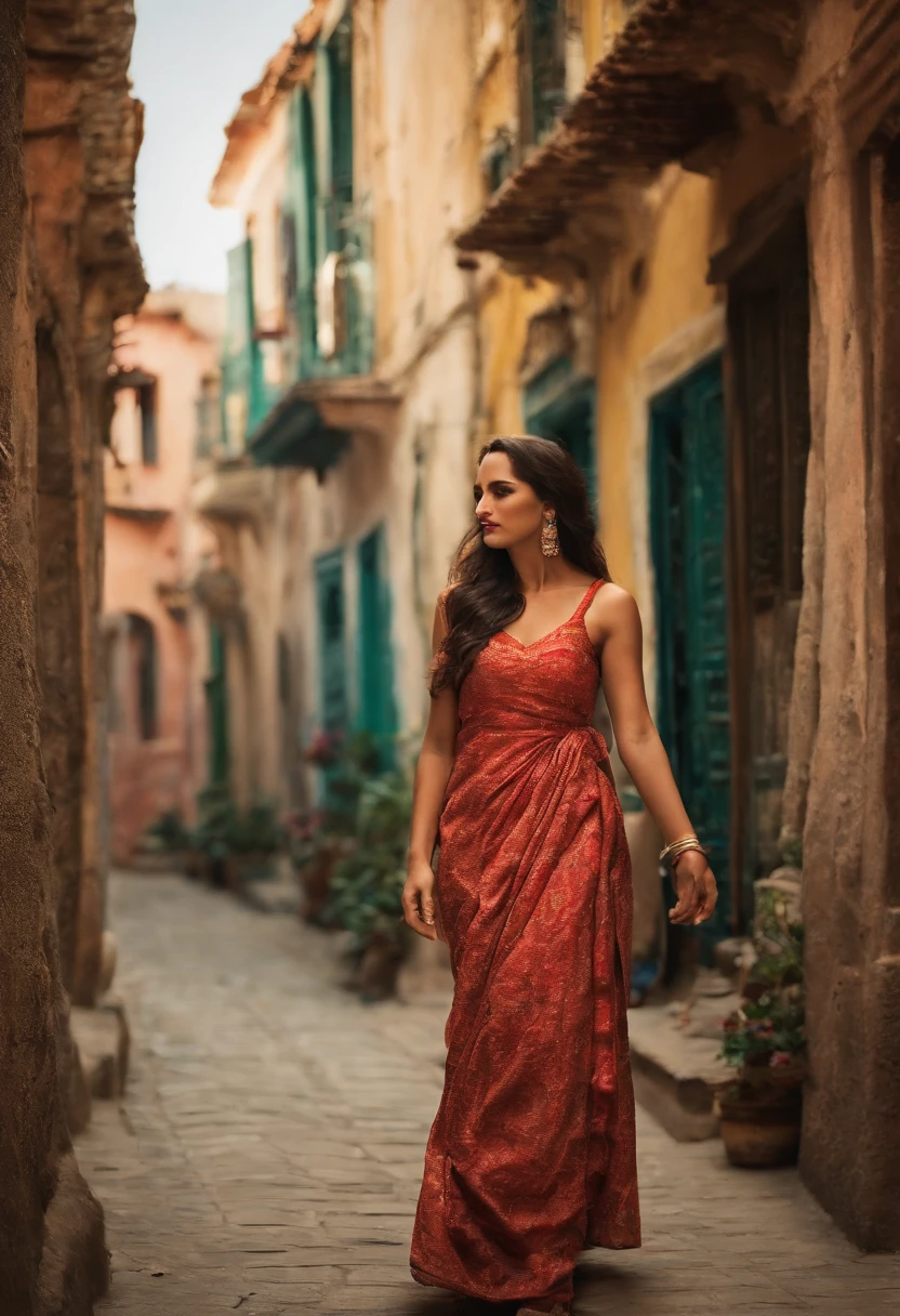 high quality, Similar to Dakota Johnson, Illustration of a beautiful woman in the style of Julie Bell walking through an old town wearing a sari, Nepalese cityscape, by yukisakura, awesome full color,
