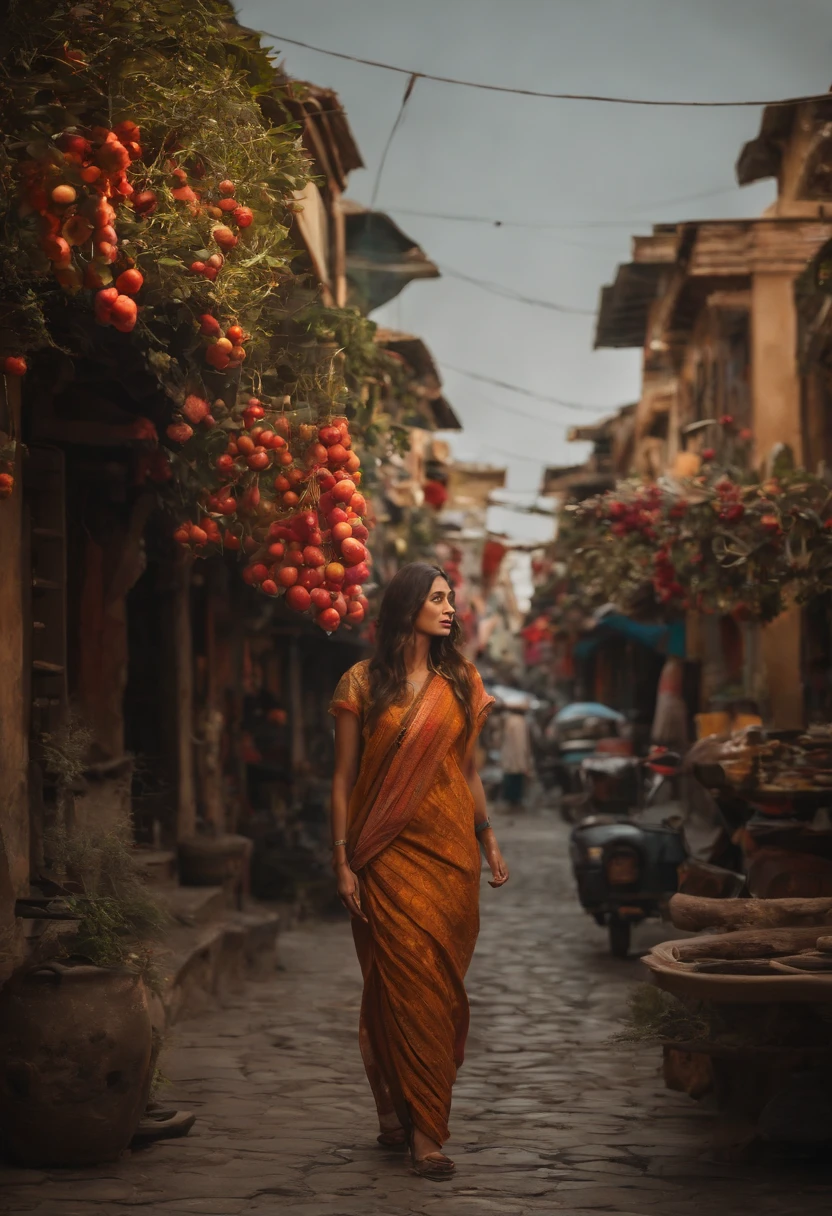 high quality, Similar to Dakota Johnson, Illustration of a beautiful woman in the style of Julie Bell walking through an old town wearing a sari, Nepalese cityscape, by yukisakura, awesome full color,