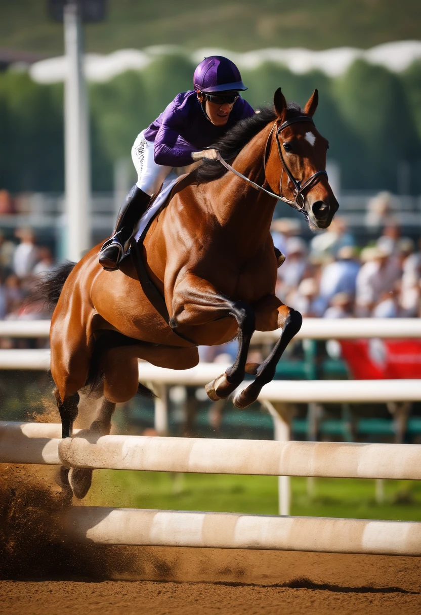 Horse racing、Steeplechase、hurdle、Japan rider on horse leaps、Compete with multiple horses、photos realistic