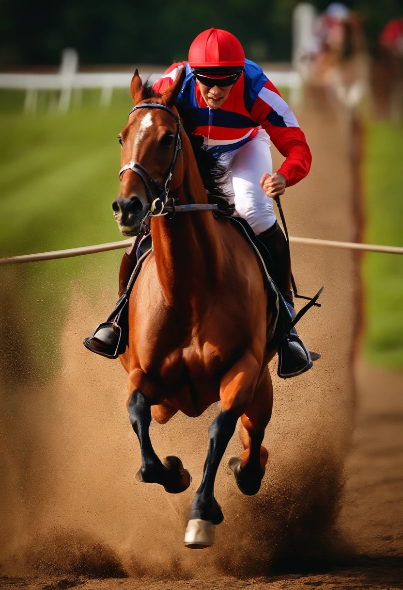 Horse racing、Steeplechase、hurdle、Japan rider on horse leaps、Compete with multiple horses、photos realistic