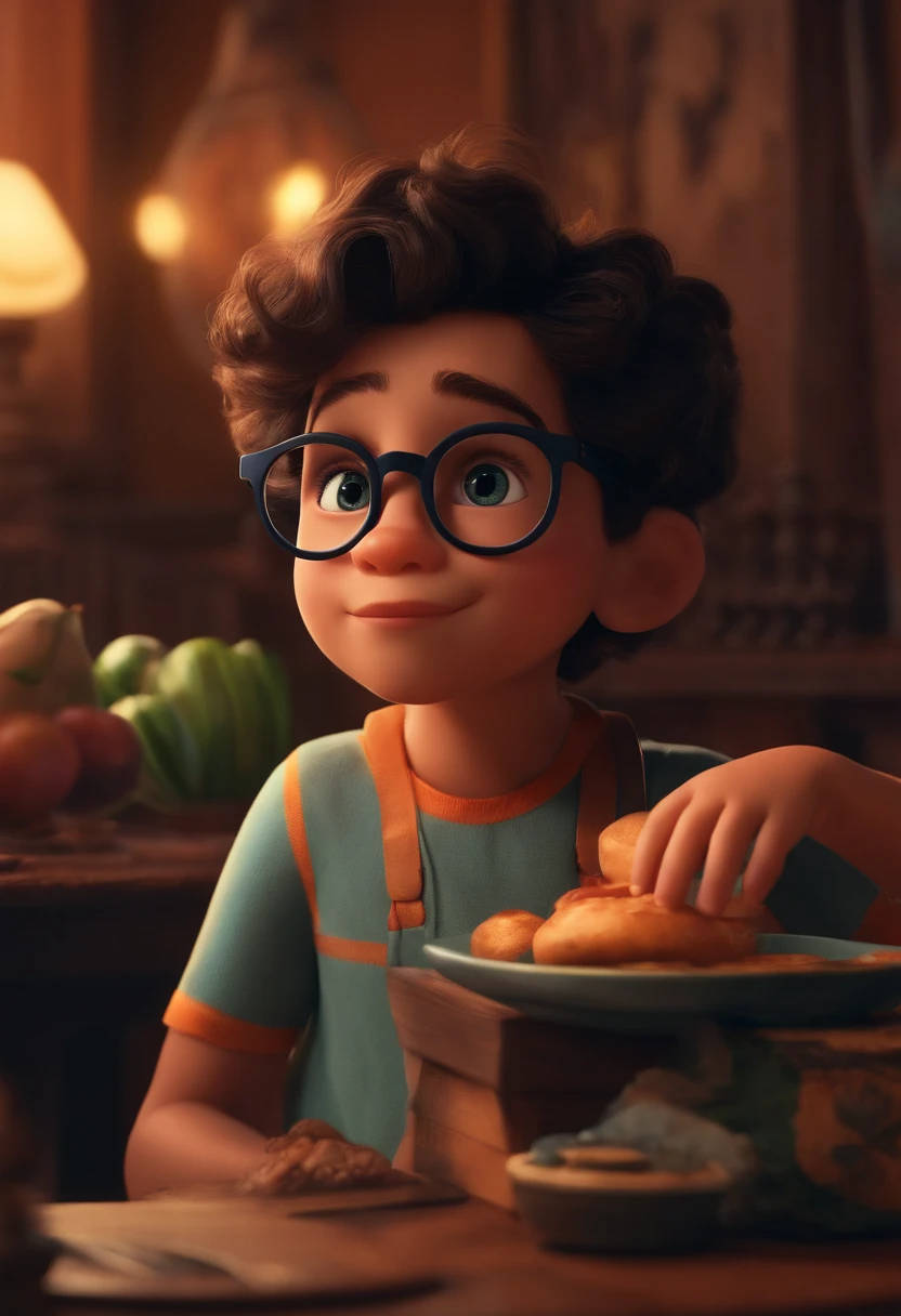 Um filme inspirado na Disney Pixar (menino pardo, JOVEM, of eyeglasses, COM CABELO cortado levemente ondulado preto) dentro A cena estar na arte distinta do estilo PIXAR, descolada e estilosa