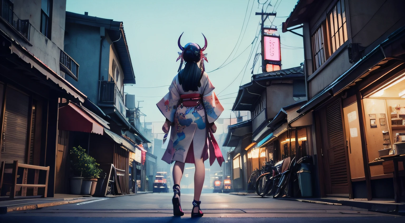 Watercolor drawing of back view of girl posing in kimono with lots of delicate ornaments and wearing demon helmet standing in a city at night during the dynastic period, hair and kimono swaying in the wind, VOFAN style, pastel colors, cute, eccentric, fantasy art, watercolor style, blurring, VOFAN artwork, cover illustration VOFAN, drawing VOFAN, perfect illustration by VOFAN, perfect light and shadow technique background by VOFAN, Adobe Illustrator, hand drawn, digital painting, low poly, soft lighting isometric illustration style, retro aesthetic Character Background Focus, 4K Resolution, Photorealistic Steps, Using Cinema4D, Cinematic Lighting, Dynamic Compositing, Pixiv Fanbox Trends, Saturated Gouache, Cyberpunk,