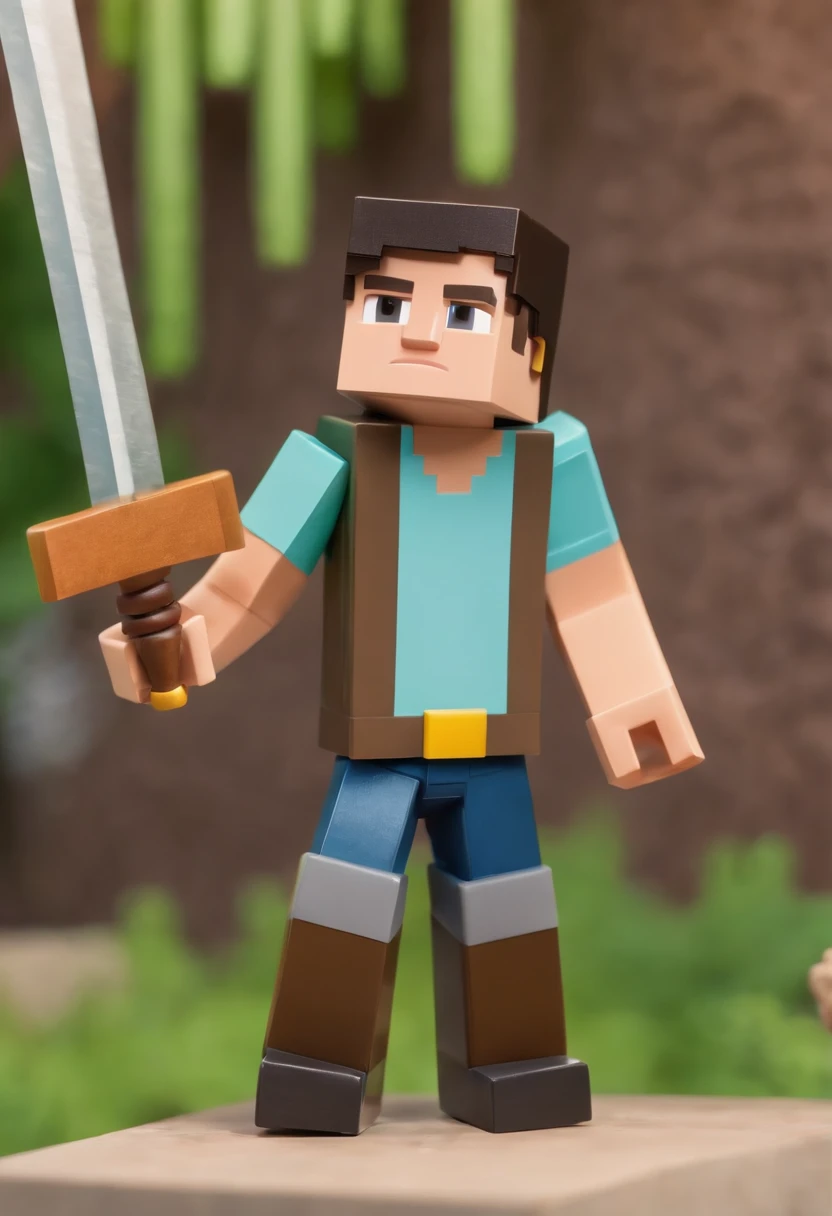 create a Disney pixar film poster, Film Title in Portuguese: Aventuras do Miguel, The character is a 1.20cm boy, black, curly hair, black eyes, thin, orange naruto t-shirt, army pants, with a sword minecraft, he has a puppy dog, white with brown detail on the face around the eyes.
fighting enderman minecraft character, mine craft environment.