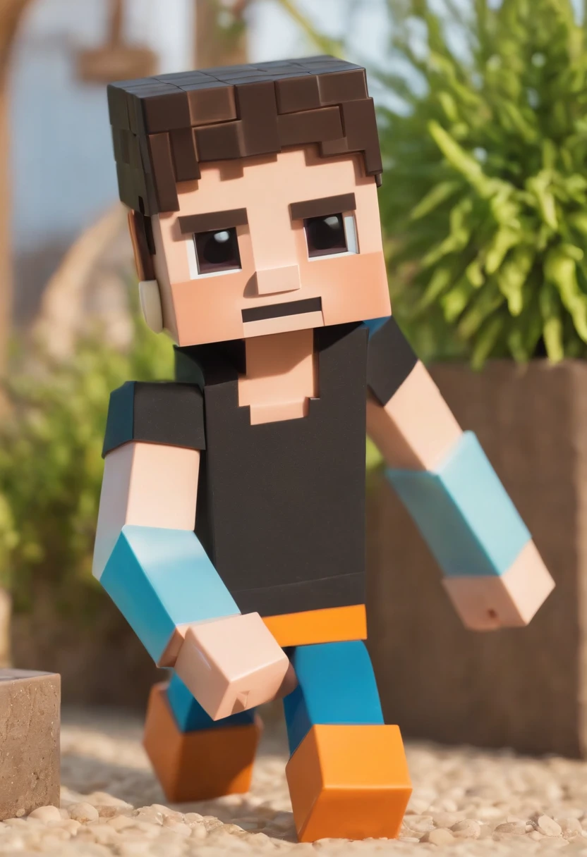 create a Disney pixar film poster, Film Title in Portuguese: Aventuras do Miguel, The character is a 1.20cm boy, black, curly hair, black eyes, thin, orange naruto t-shirt, army pants, with a sword minecraft, he has a puppy dog, white with brown detail on the face around the eyes.
fighting enderman minecraft character, mine craft environment.